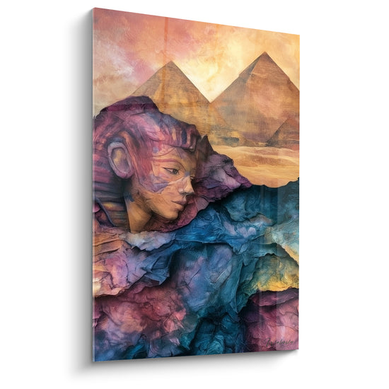 Tableau Sphinx violet et bleu aux textures froissées - Pyramides dorées à l'horizon - Edition egypte