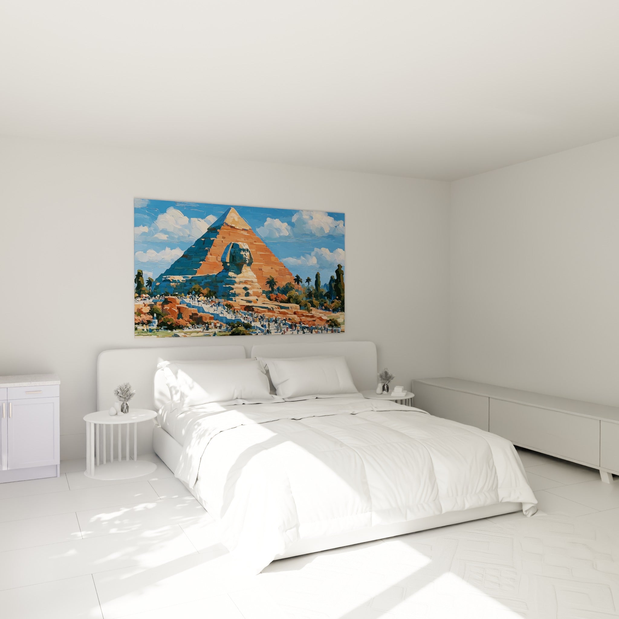 Sphinx et pyramide aux tons ocre et bleu marine accrochés au-dessus d'un lit dans une chambre claire