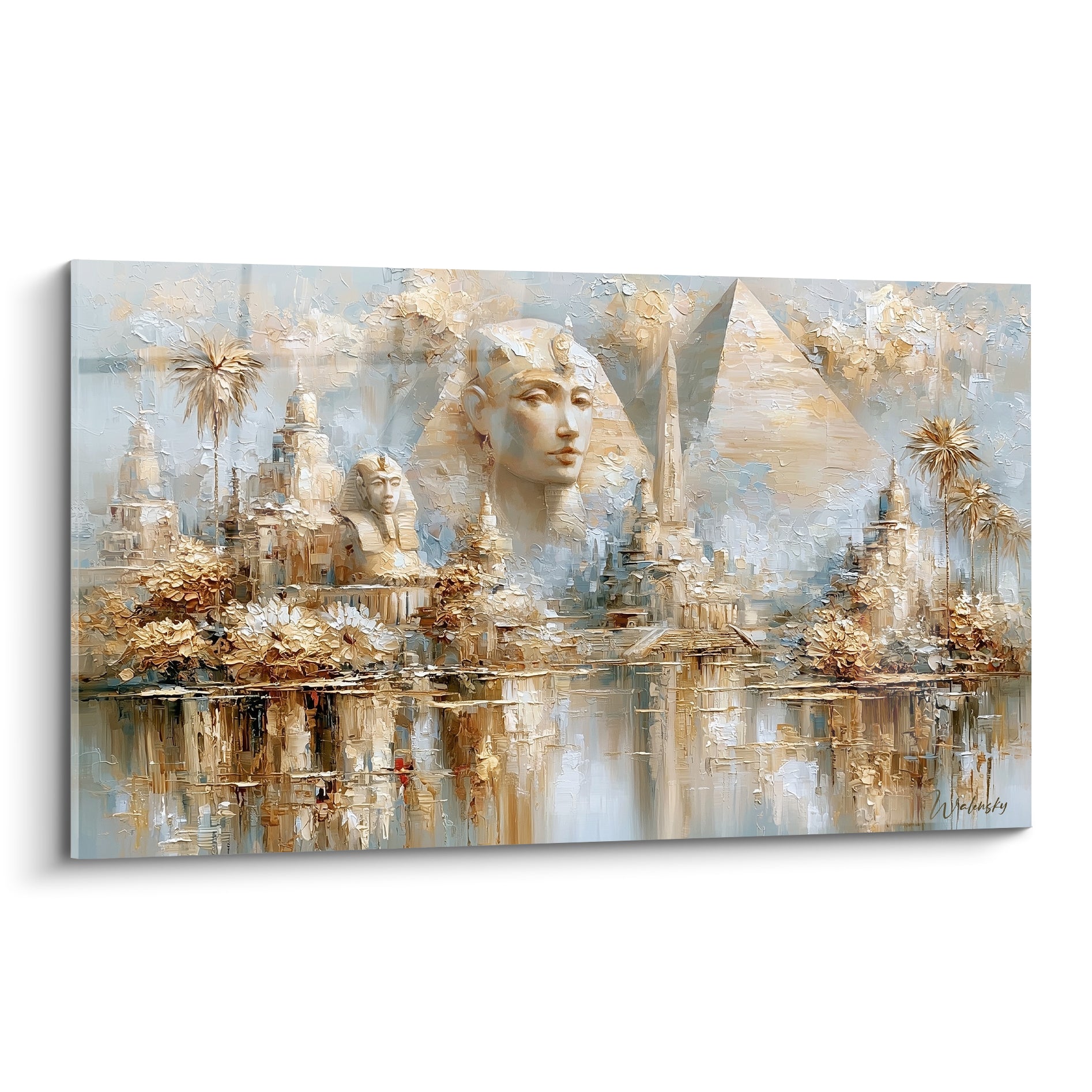 Sphinx doré et pyramides bleu pastel peints en empâtements sur toile égyptienne texturée