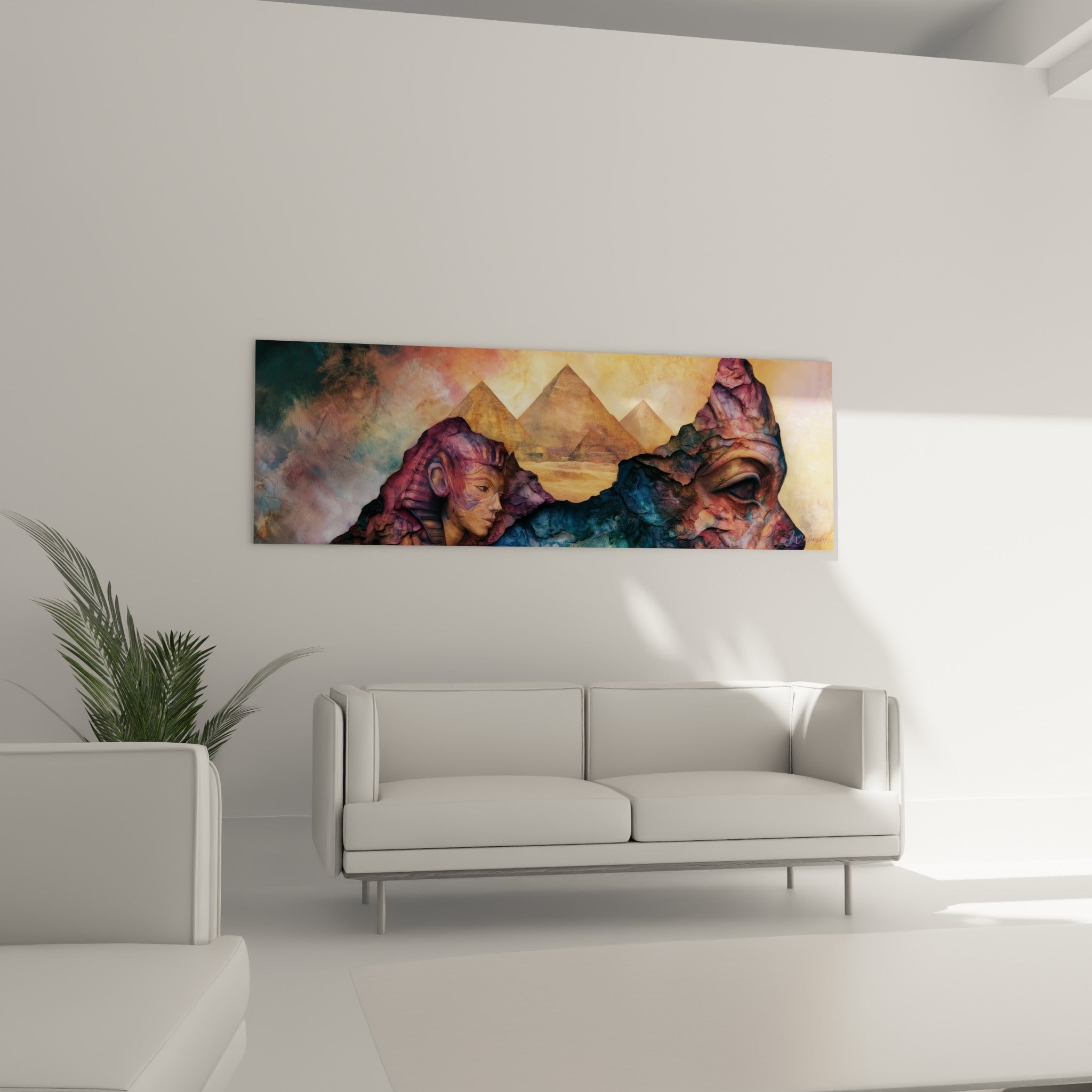 Visage du sphinx bleu marine et mauve dominant les pyramides ocre, au-dessus d'un canapé dans un salon lumineux