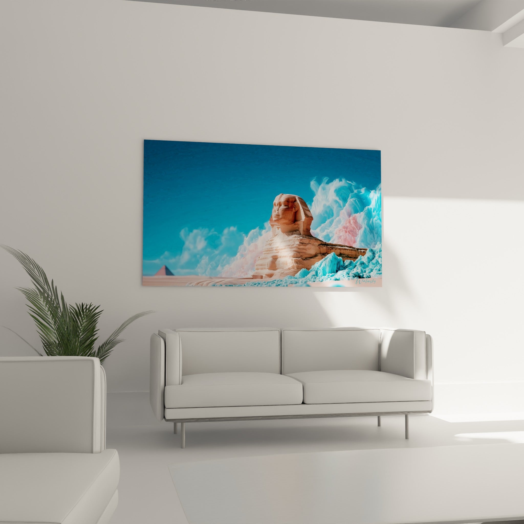 Monument de pierre beige et ciel bleu profond accroché au-dessus d'un canapé dans un salon lumineux