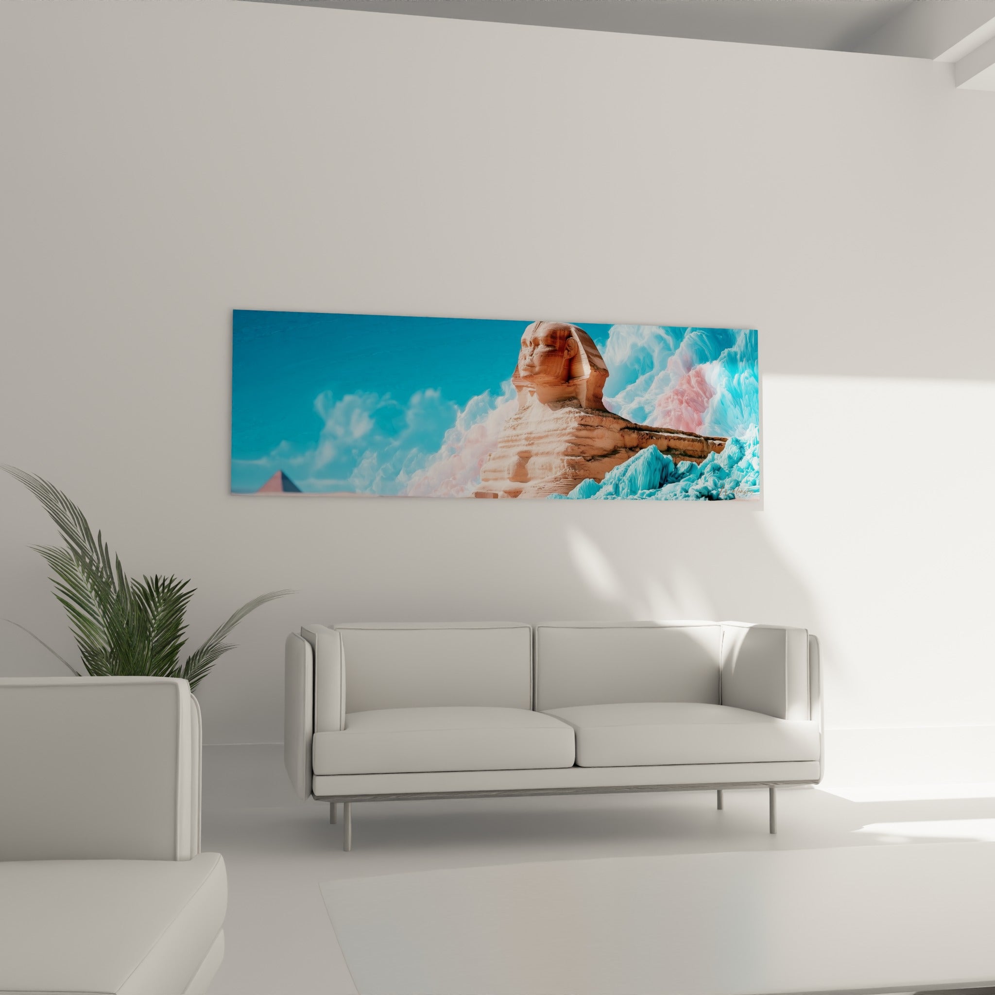Monument millénaire terracotta baigné de brume turquoise au-dessus d'un canapé dans un salon lumineux
