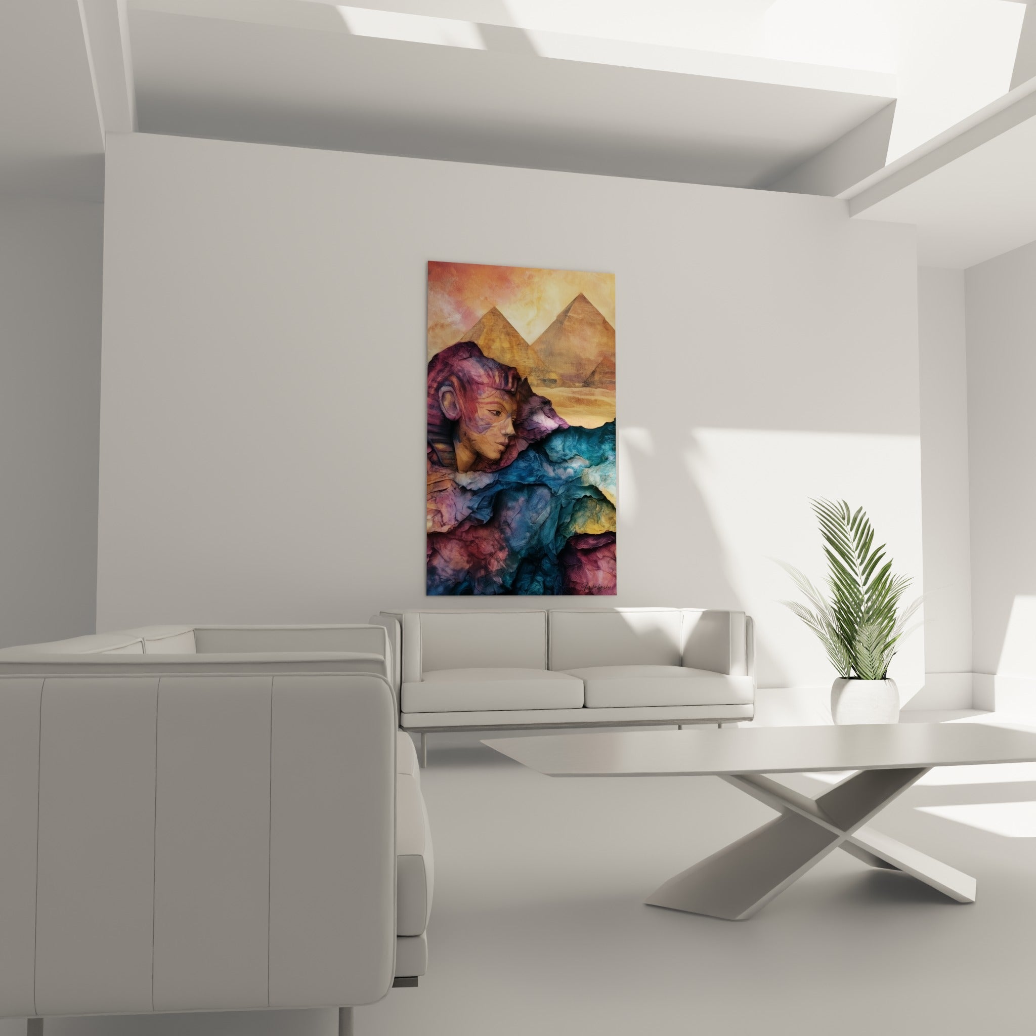 Regard du sphinx entre roche violette et ciel doré au-dessus d'un canapé dans un salon lumineux