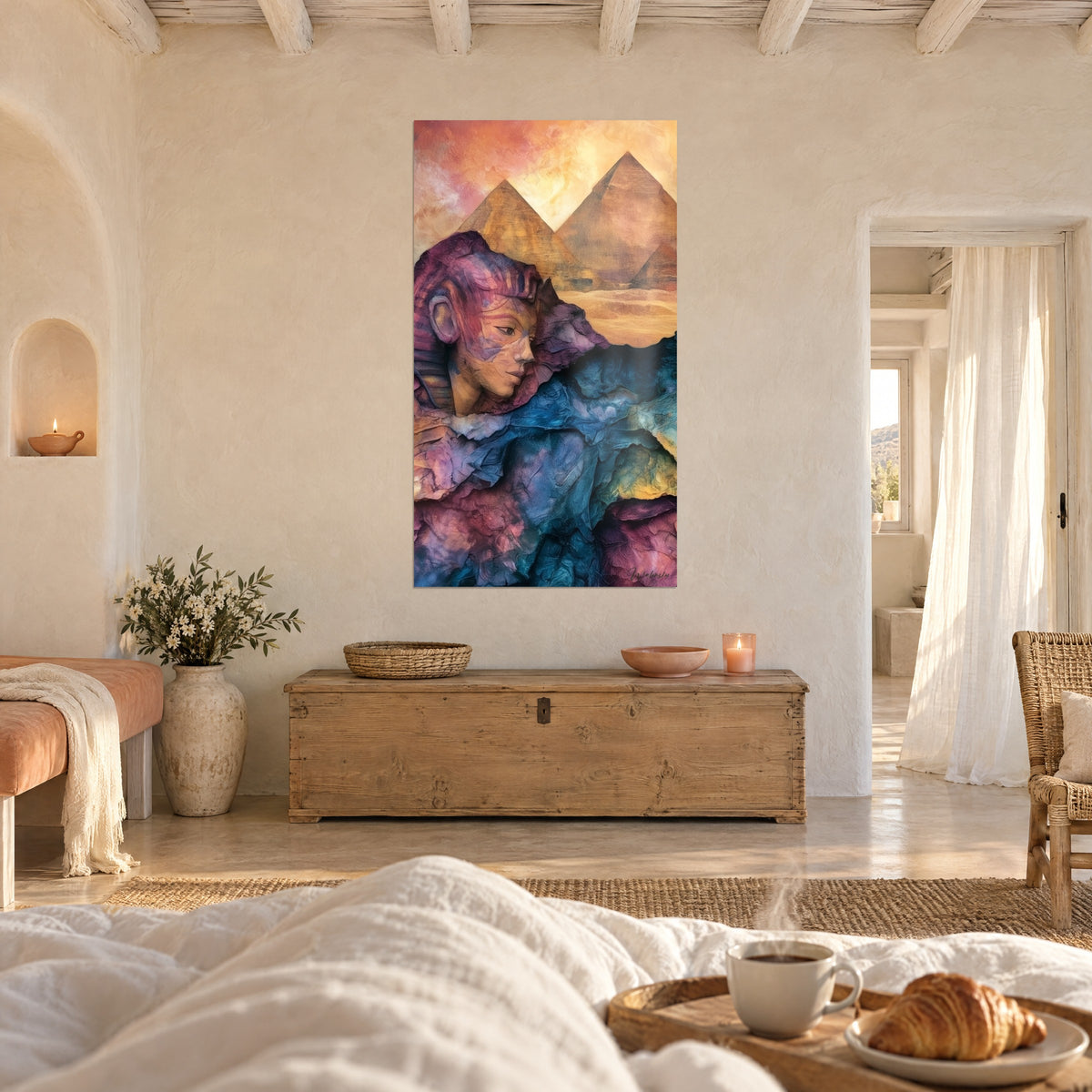 Gemälde ockerfarbene Pyramiden vor pfirsichfarbenem Himmel und ein blau-rosa geformtes Gesicht, über einem Bett in einem hellen Schlafzimmer