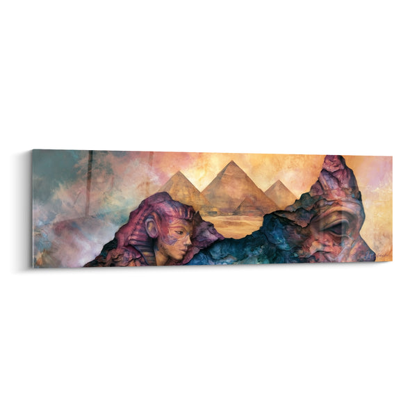 Tableau Sphinx violet et bleu aux pyramides dorées - Roche texturée du désert - Edition egypte