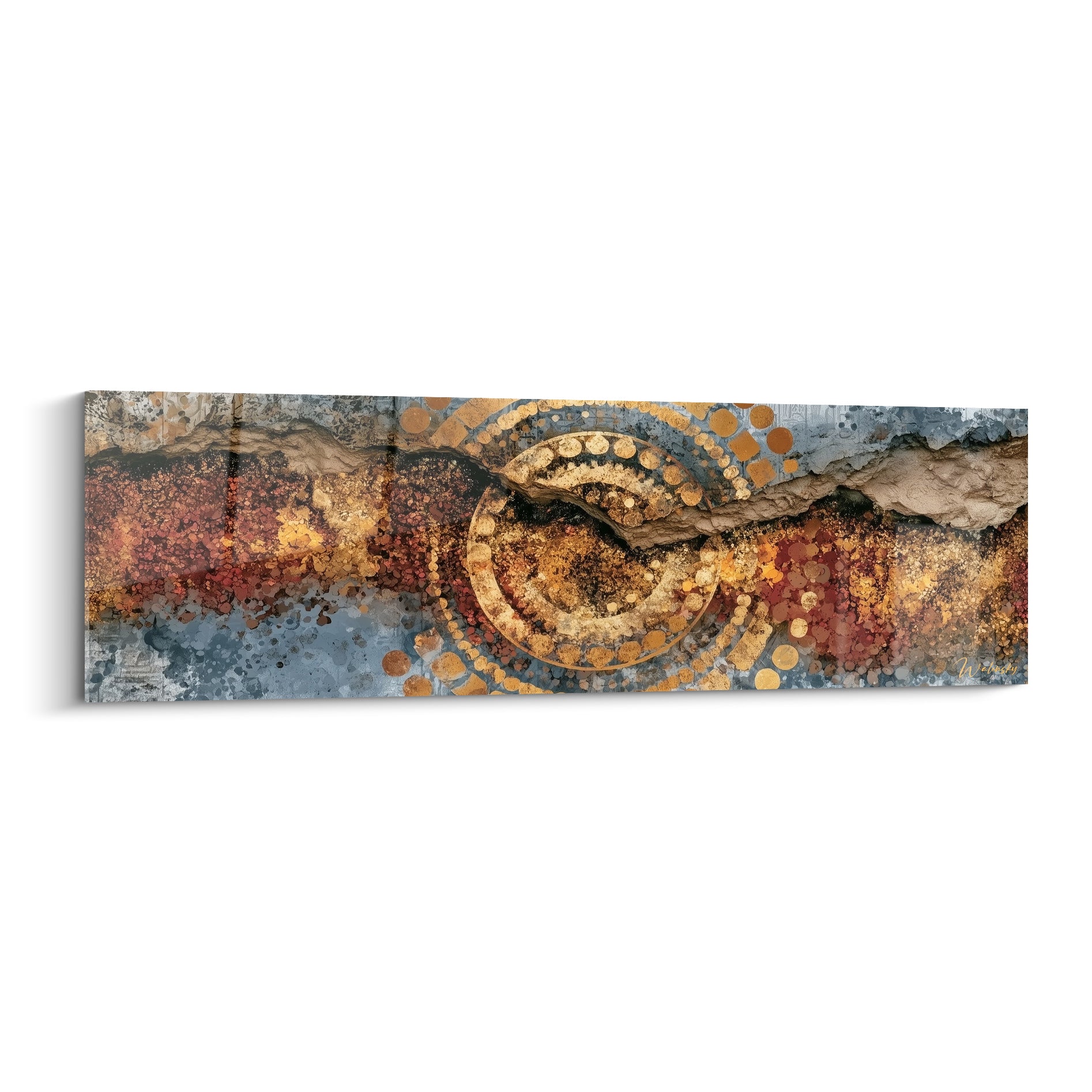 Spirale dorée et fissure sableuse traversant un fond bleu ardoise et terracotta granuleux