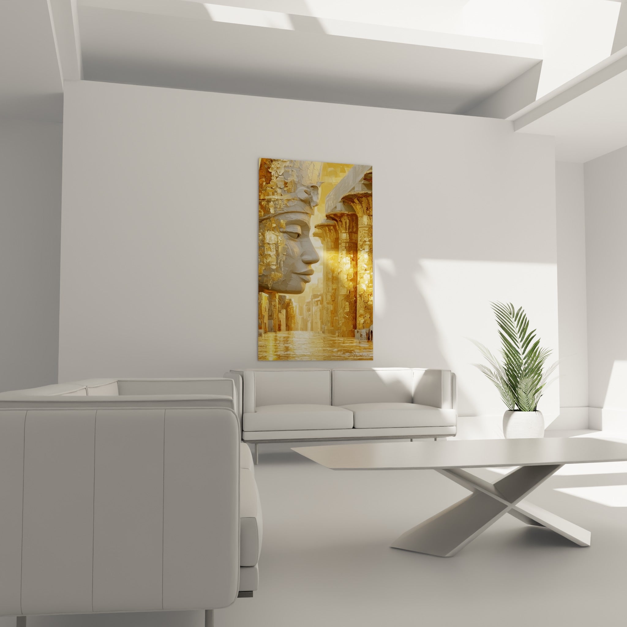 Statue égyptienne dorée et temple aux tons ambrés au-dessus d'un canapé dans un salon lumineux