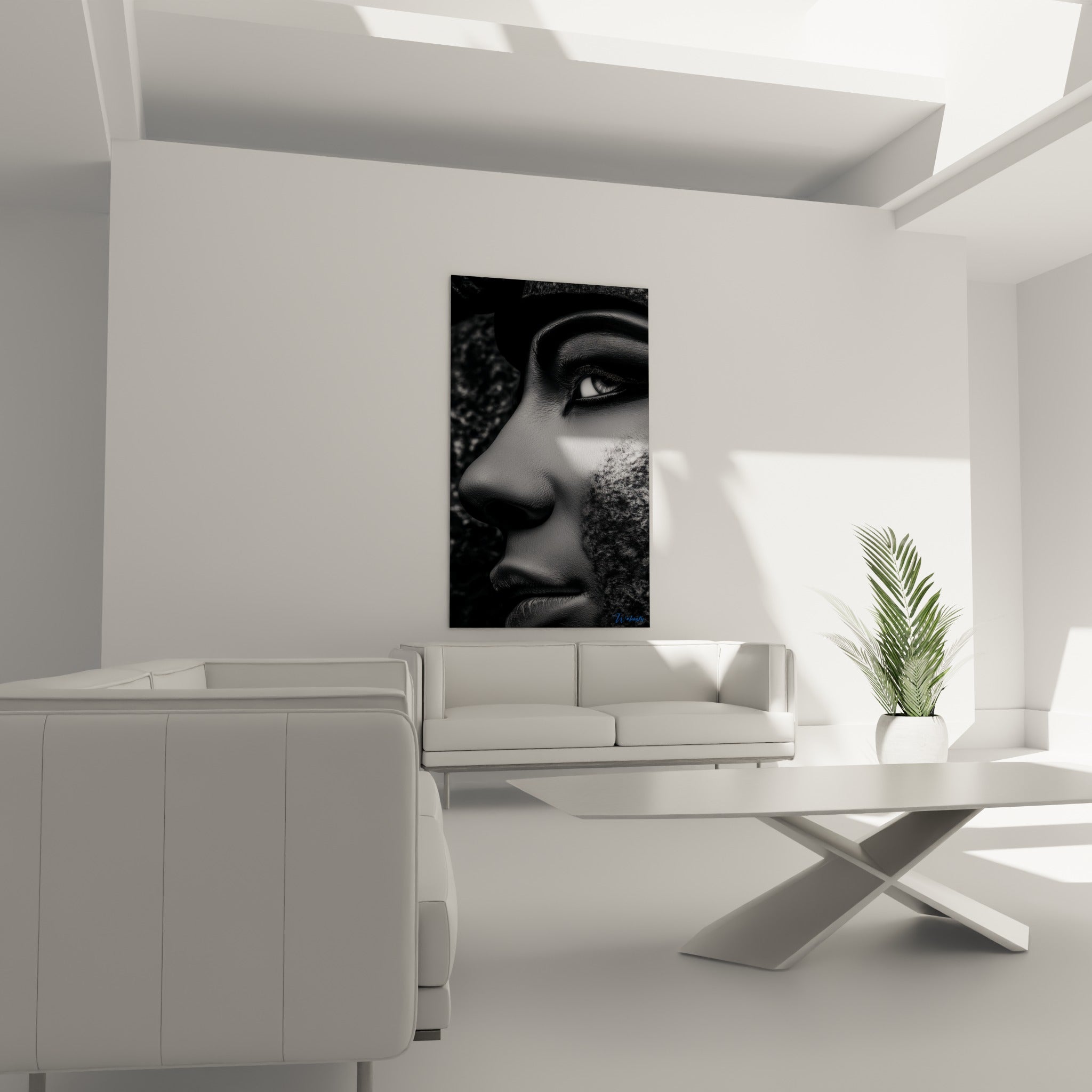 Profil pharaonique noir et gris minéral disposé au-dessus d'un canapé dans un salon lumineux