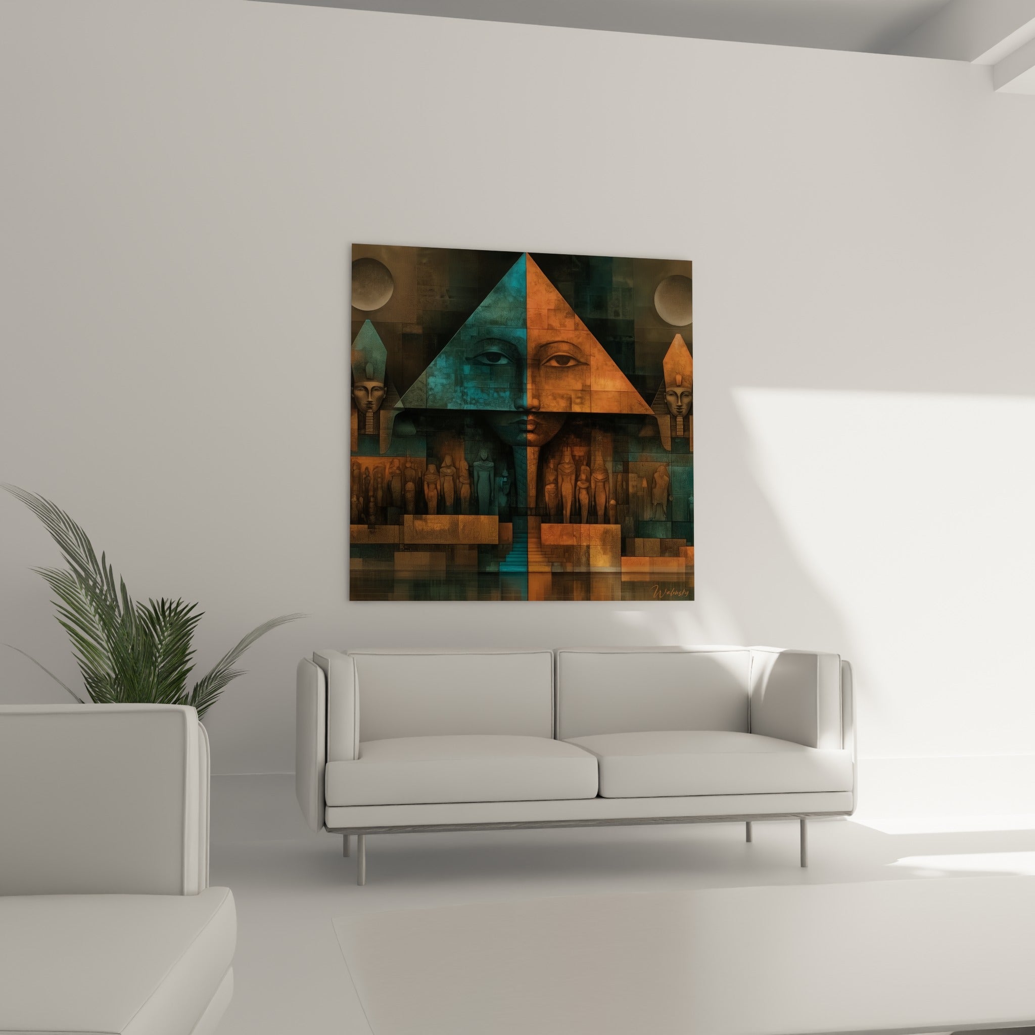 Statues égyptiennes alignées sous une pyramide terracotta suspendue au-dessus d'un canapé dans un salon lumineux