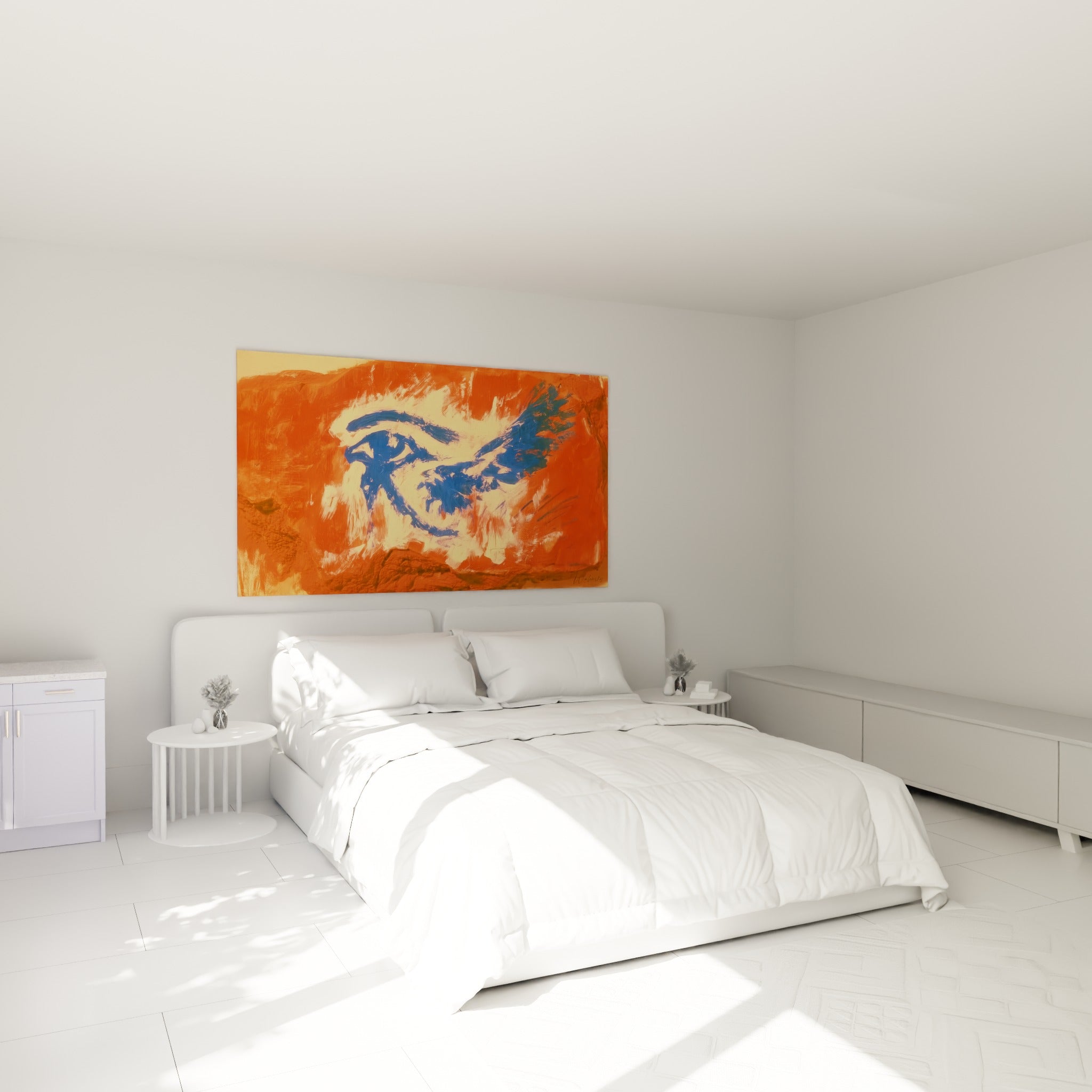 Symbole égyptien bleu et ocre au-dessus d'un lit dans une chambre claire