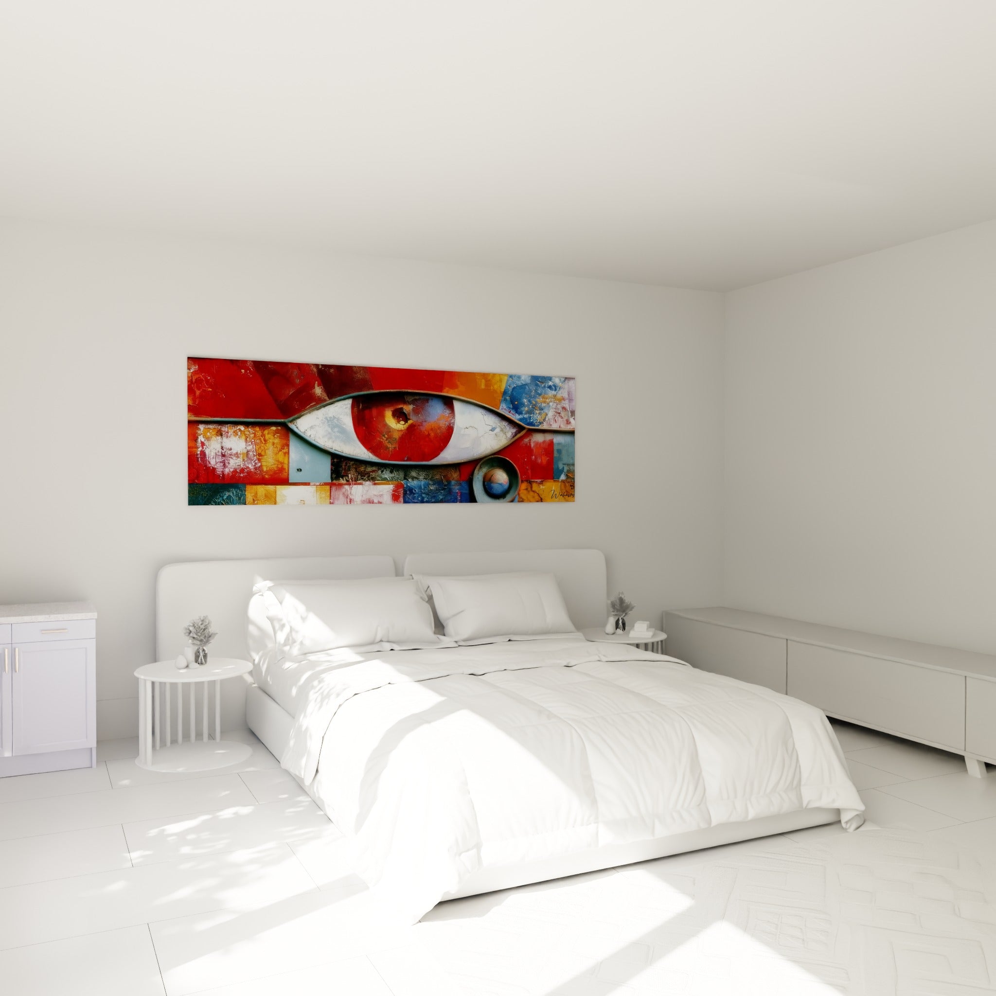 Symbole égyptien rouge et bleu ardoise accroché au-dessus d'un lit dans une chambre claire