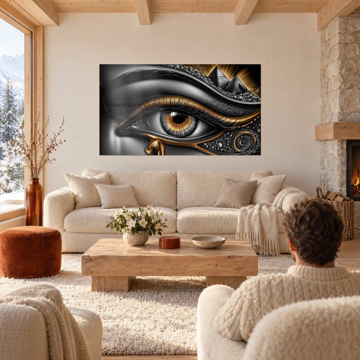 Gemälde Horusauge in Grau und Gold, kupferfarbene Iris, schwarze Pyramiden, zwei Personen von hinten, über einem Sofa in einem hellen Wohnzimmer