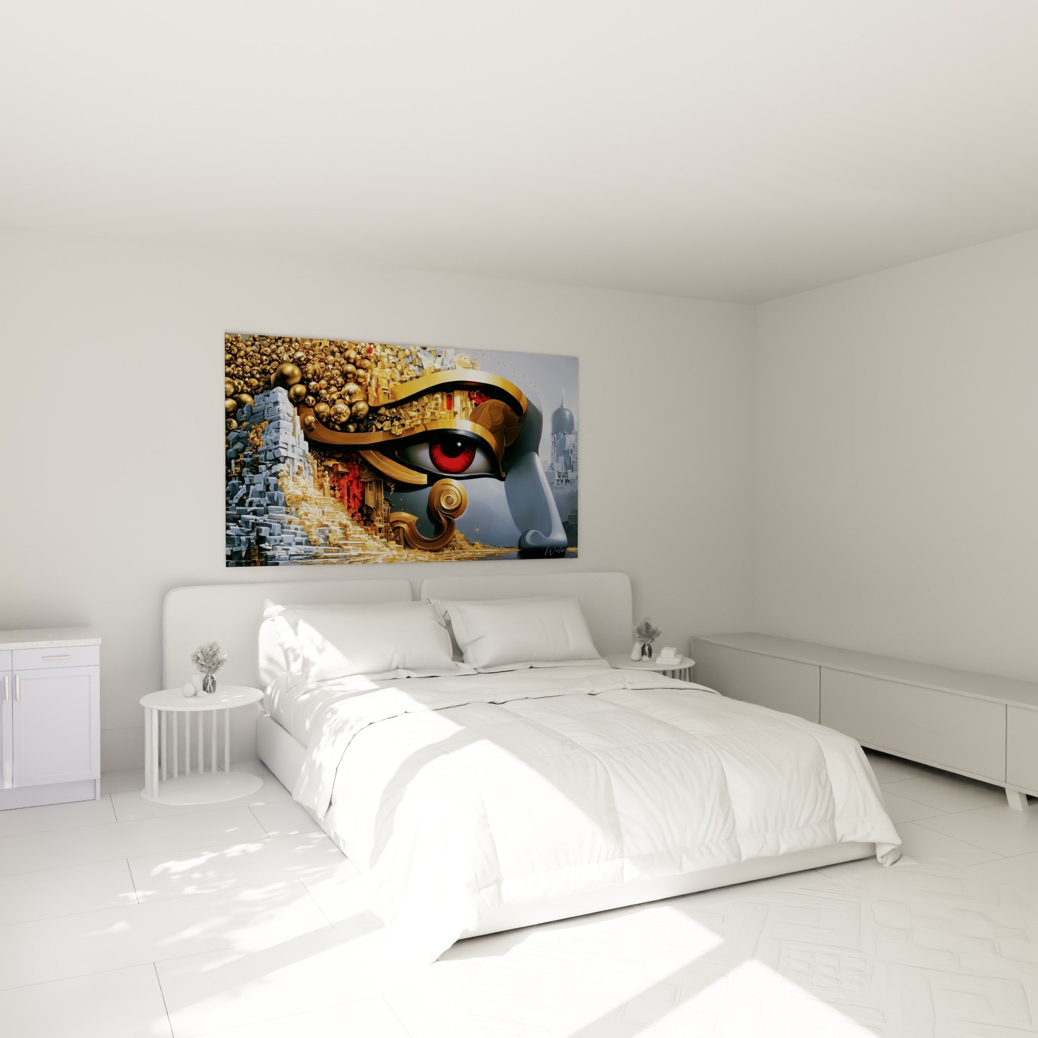 Symbole égyptien doré et rouge accroché au-dessus d'un lit dans une chambre claire