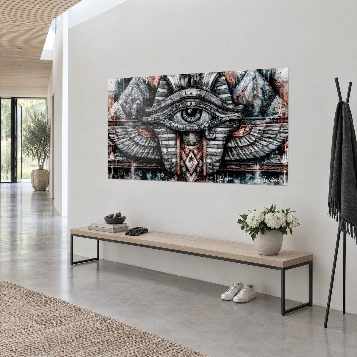 Wall art winged Egyptian deity, blue-grey iris encircled by stone bandages and copper touches, three-quarter view, wooden and steel bench