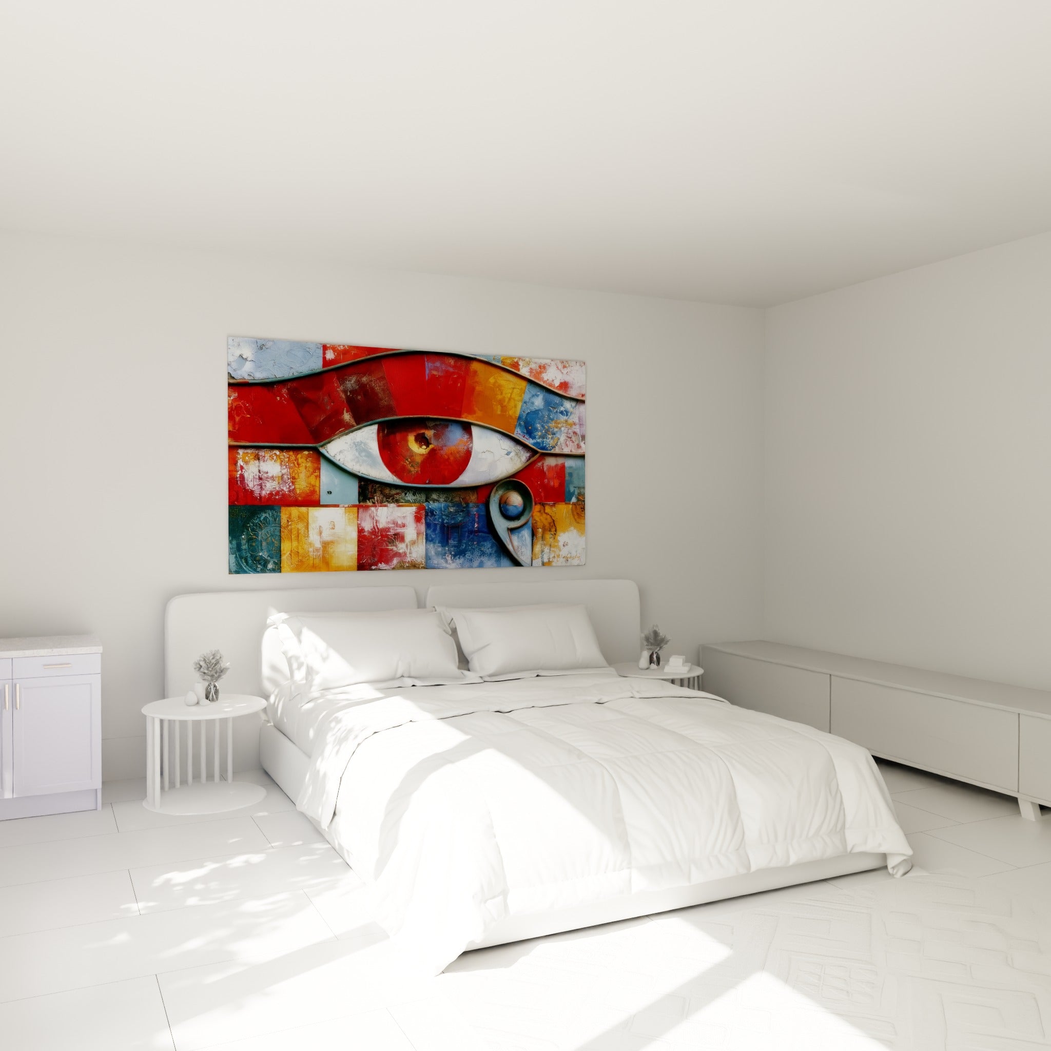 Symbole égyptien rouge et ocre accroché au-dessus d'un lit dans une chambre claire
