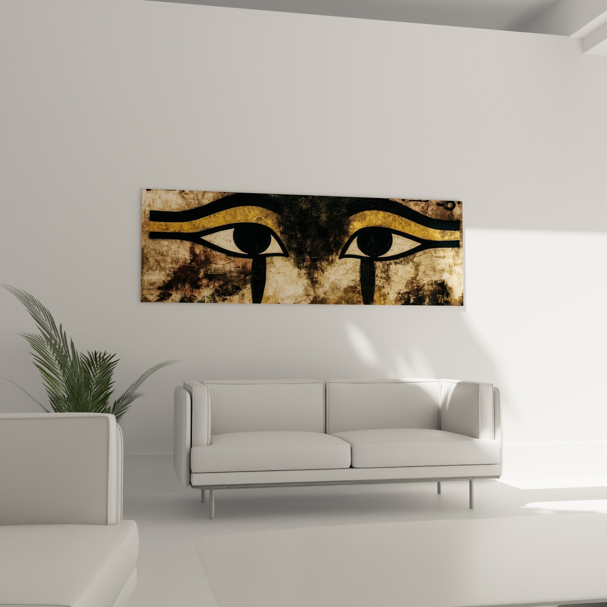 Motifs égyptiens noirs et ocre au tracé fluide, tableau egypte au-dessus d'un canapé dans un salon lumineux