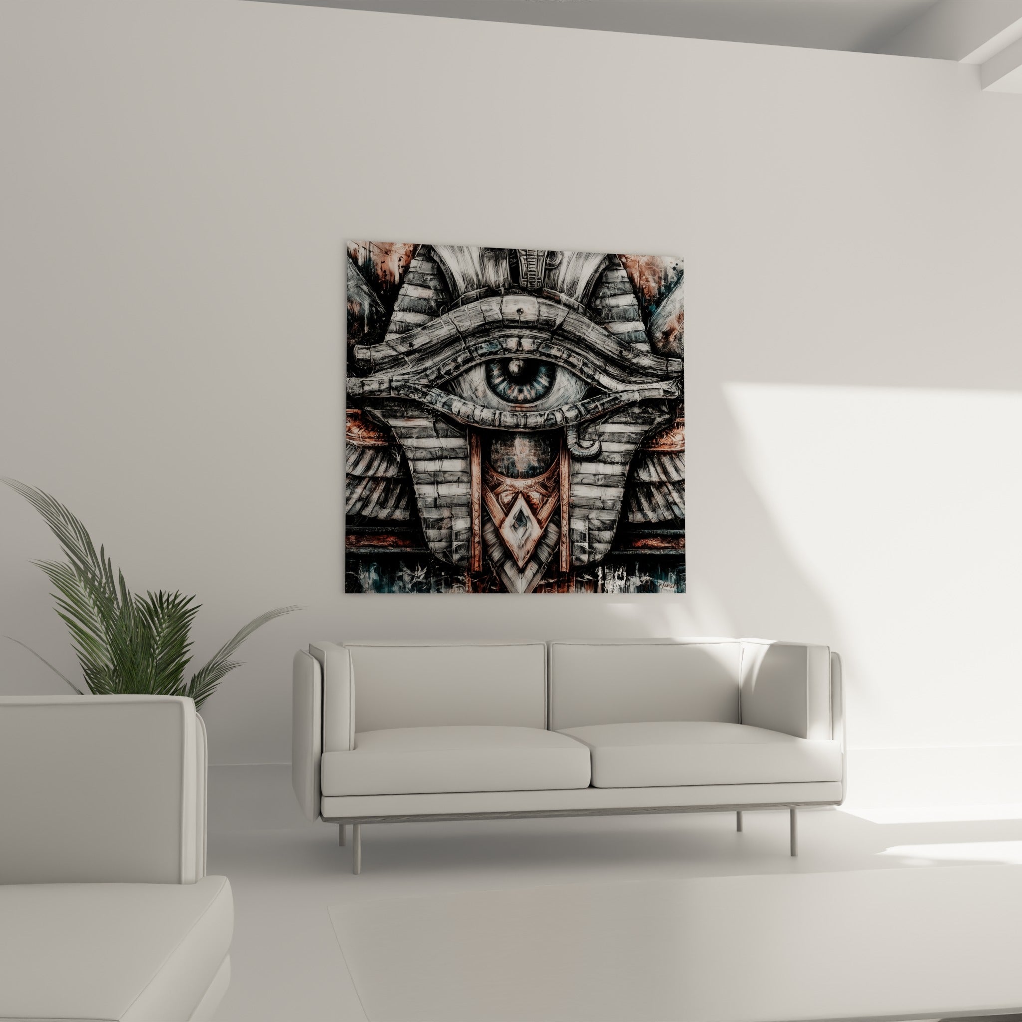 Regard pharaonique aux tons anthracite et bronze, accroché au-dessus d'un canapé dans un salon lumineux