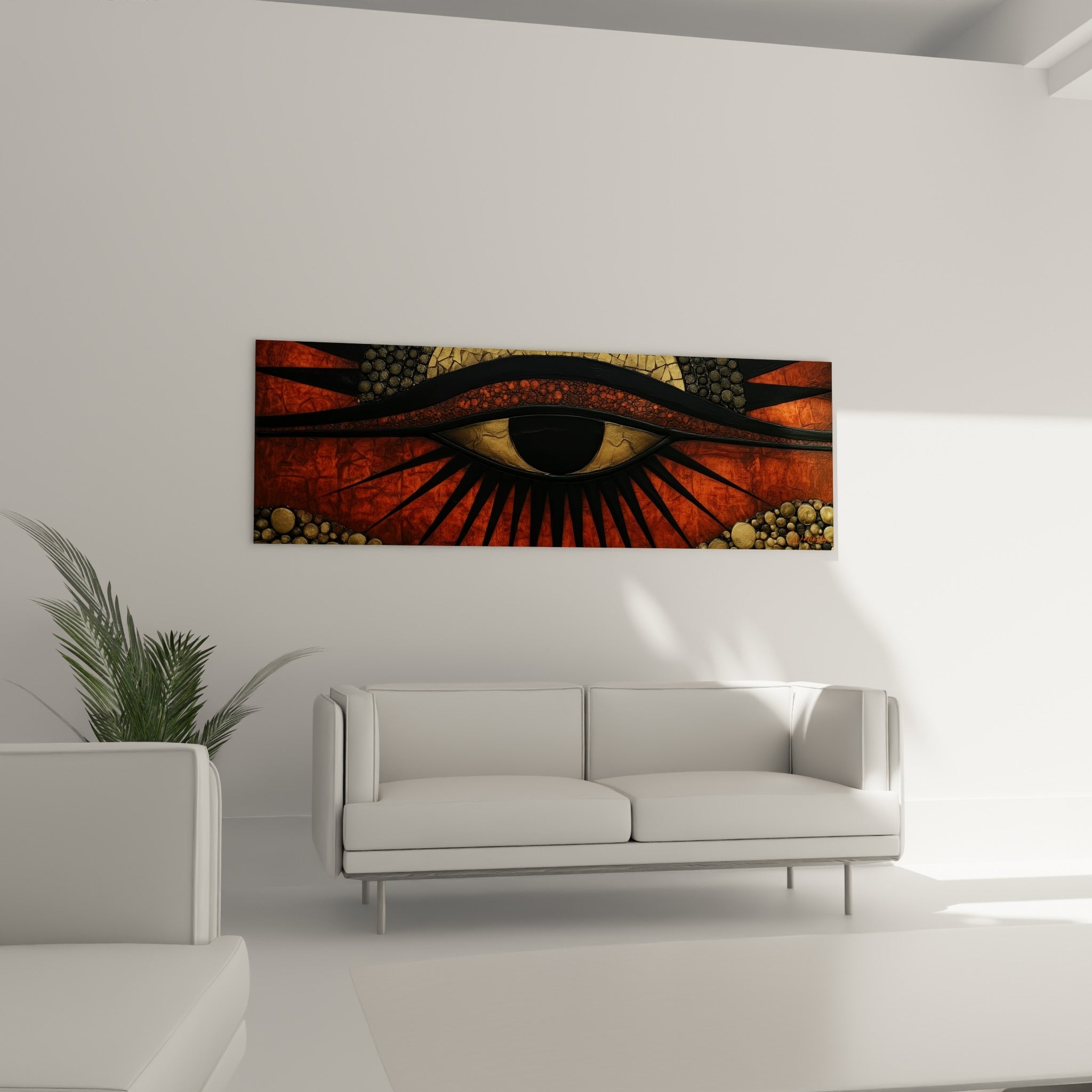 Symbole égyptien doré et terracotta aux rayons solaires noirs, au-dessus d'un canapé dans un salon lumineux