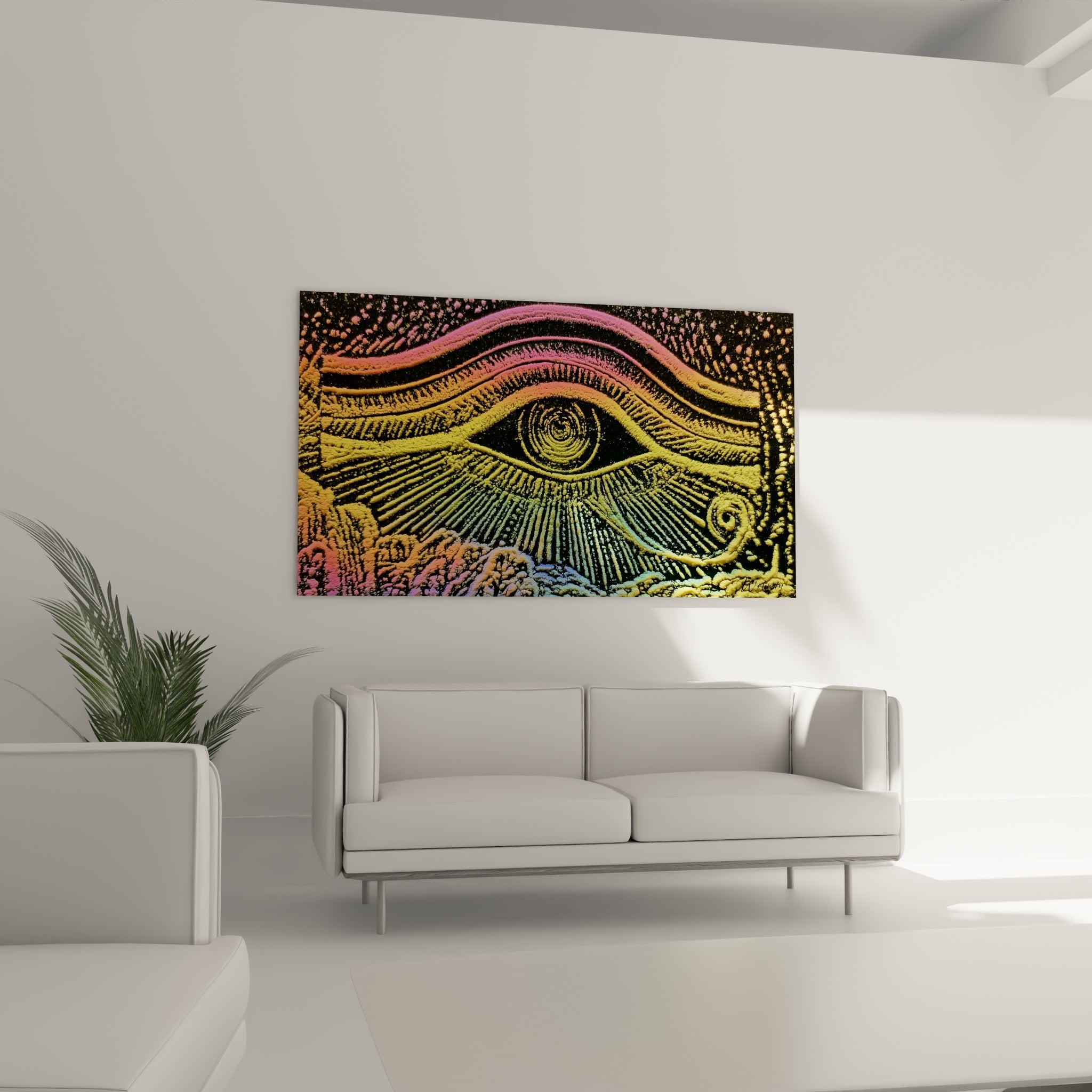 Symbole égyptien rose et anthracite, œil d'Horus texturé au-dessus d'un canapé dans un salon lumineux