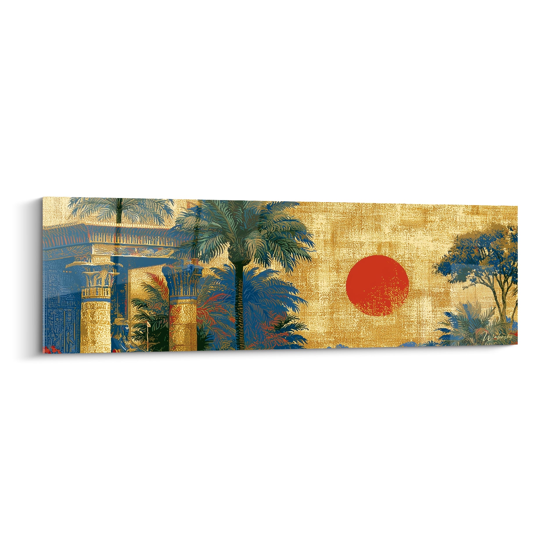 Temple égyptien bleu marine et doré avec colonnes gravées et soleil rouge intense