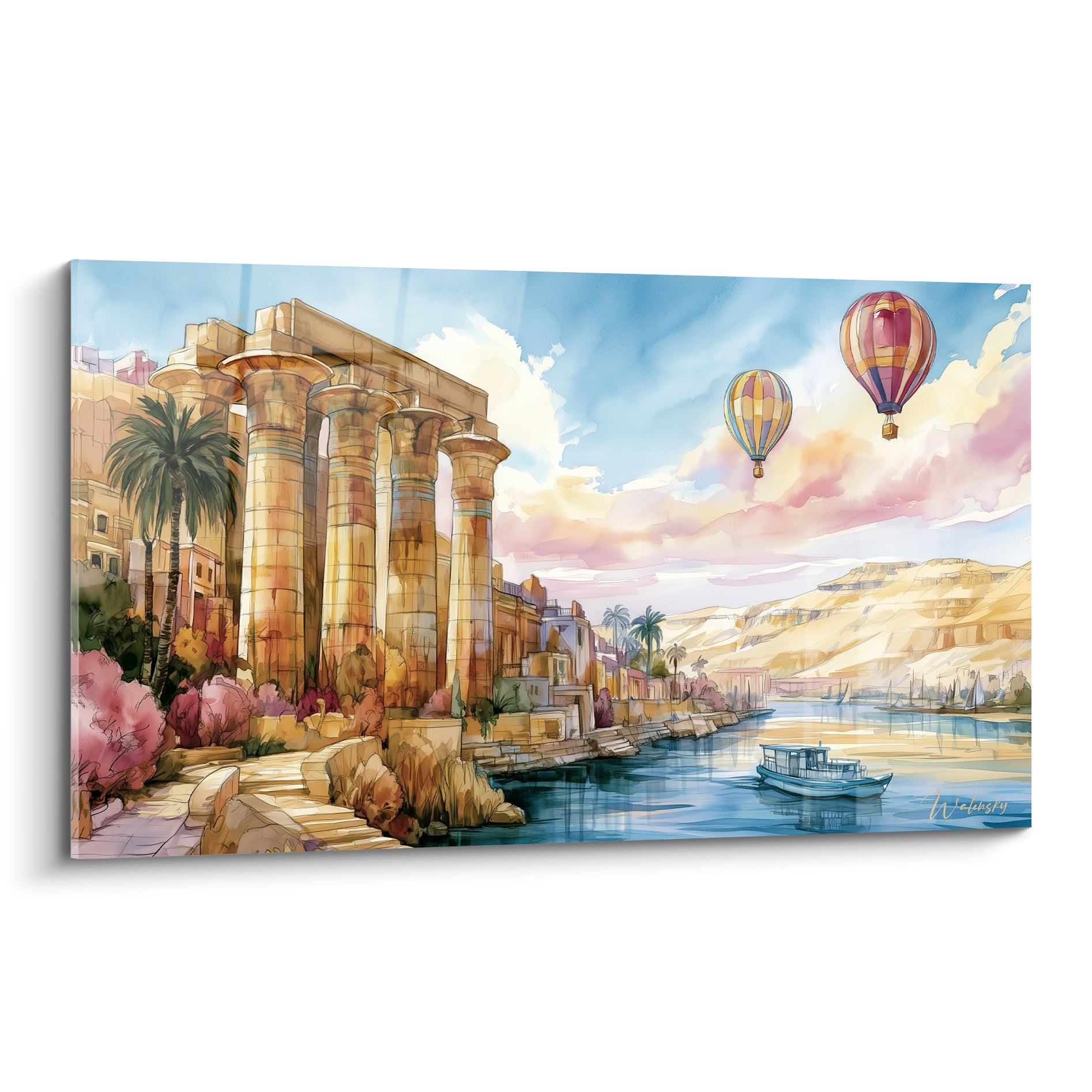 Temple égyptien aux colonnes ocre et ciel rose pastel, montgolfières survolant le Nil bleu marine