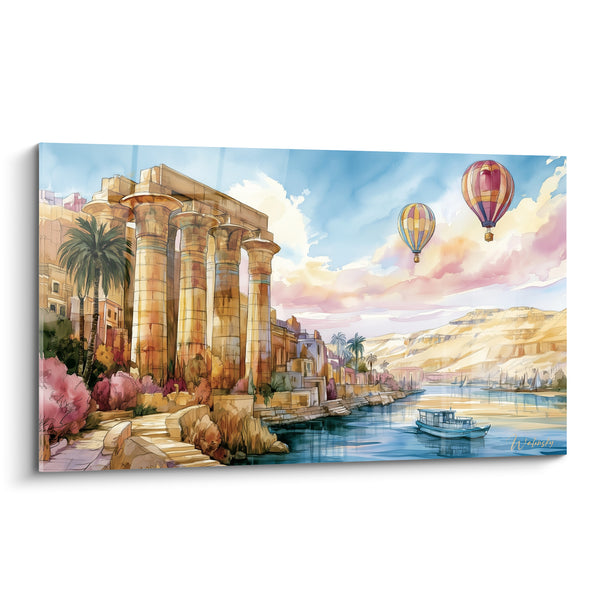 Tableau Temple aux colonnes ocre et ciel rosé - Vol au-dessus du fleuve - Edition egypte