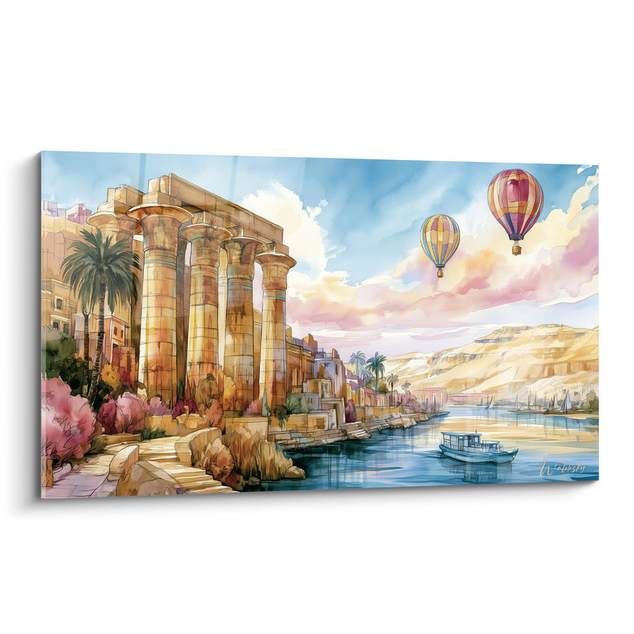 Tableau Temple aux colonnes ocre et ciel rosé - Vol au-dessus du fleuve - Edition egypte