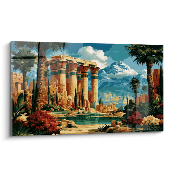 Tableau Temple antique aux colonnes ocre et bleues - Cité oubliée - Edition egypte
