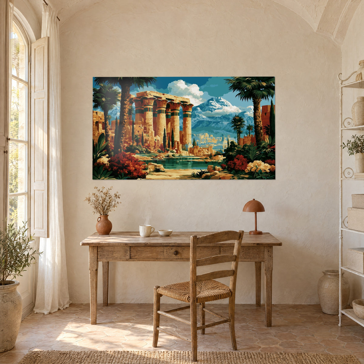 Schilderij van een Egyptisch heiligdom met gouden kapitelen, groene cipressen en een bewolkte blauwe lucht, opgehangen boven een houten bureau