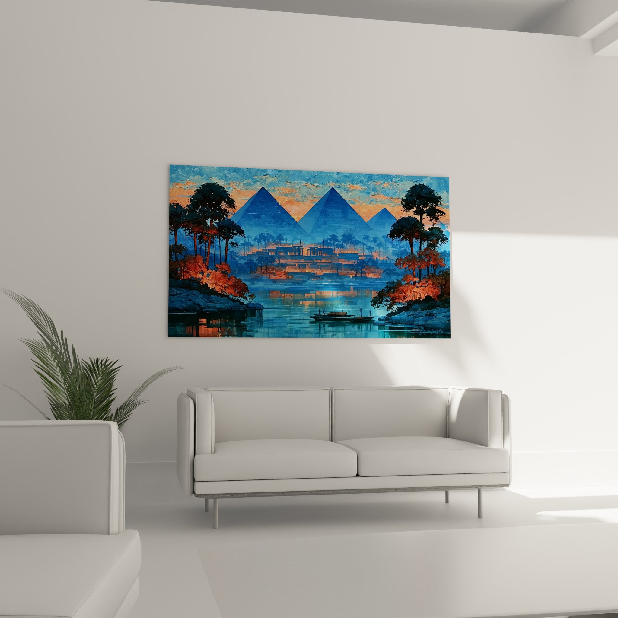 Scène égyptienne bleu profond et terracotta avec pêcheurs sur le fleuve, au-dessus d'un canapé dans un salon lumineux