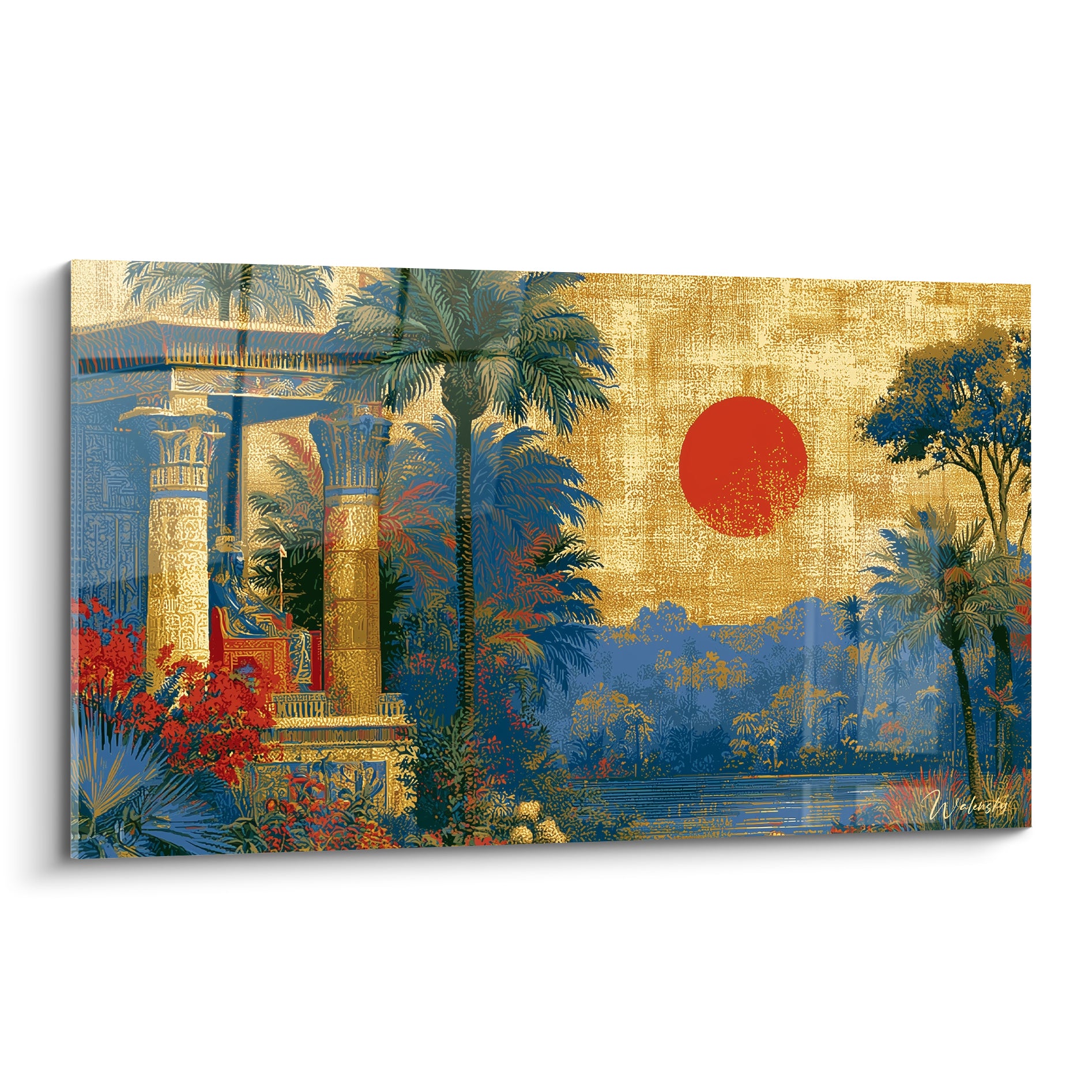 Temple égyptien doré et bleu marine, colonnes gravées et soleil rouge sur fond de papyrus stylisé