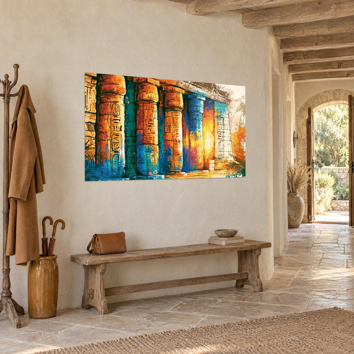 Wall art pharaoh's gateway with orange and azure shafts beneath wooden beams, three-quarter view in a stone corridor