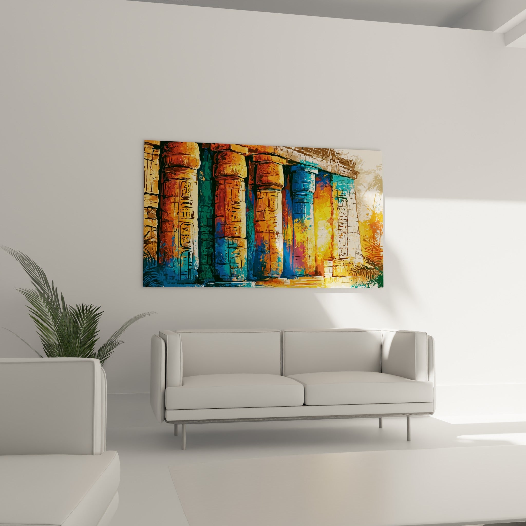 Temple égyptien bleu et doré accroché au-dessus d'un canapé dans un salon lumineux