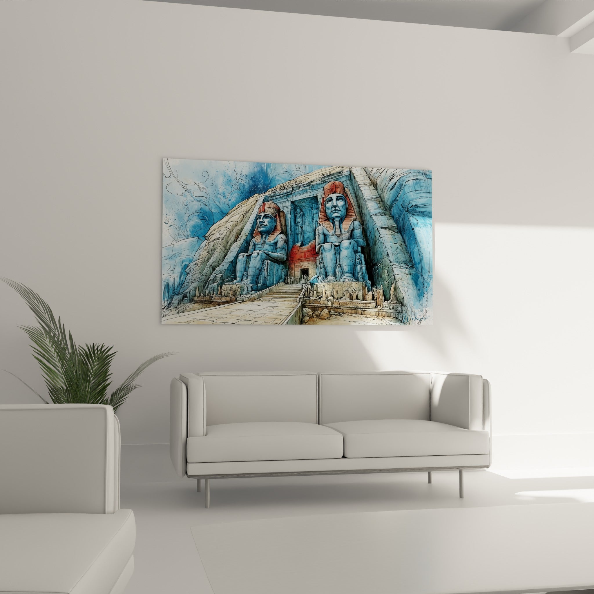 Sanctuaire égyptien aux tons bleu glacé et terracotta accroché au-dessus d'un canapé dans un salon lumineux