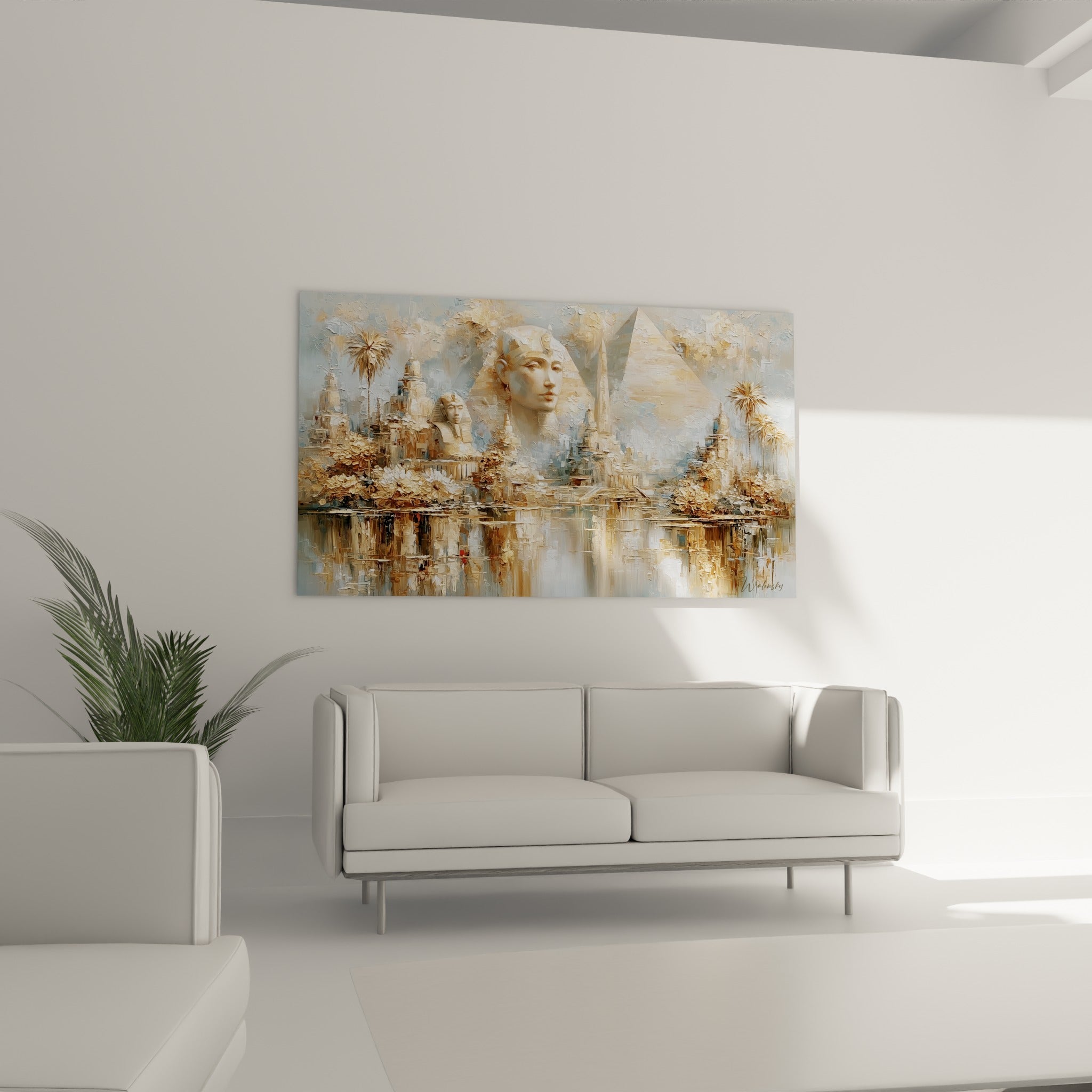 Temples et pyramides aux reflets dorés et bleutés installés au-dessus d'un canapé dans un salon lumineux