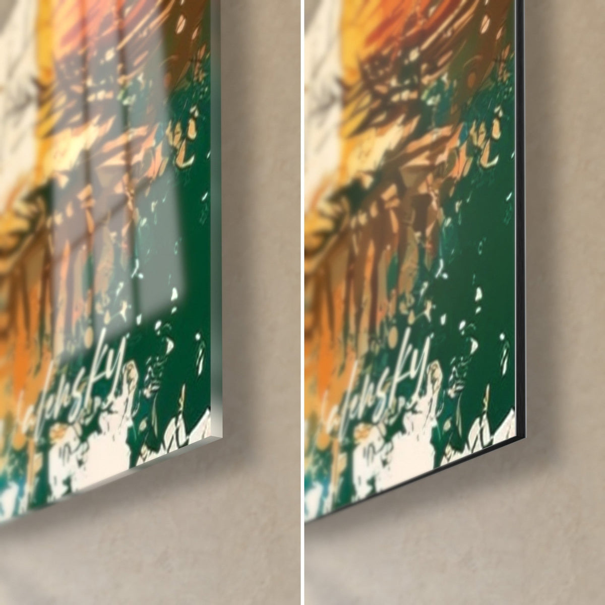 Wall art Egyptian columns in ochre and emerald green, bottom right corner, glossy acrylic glass on the left, matte Dibond aluminium on the right