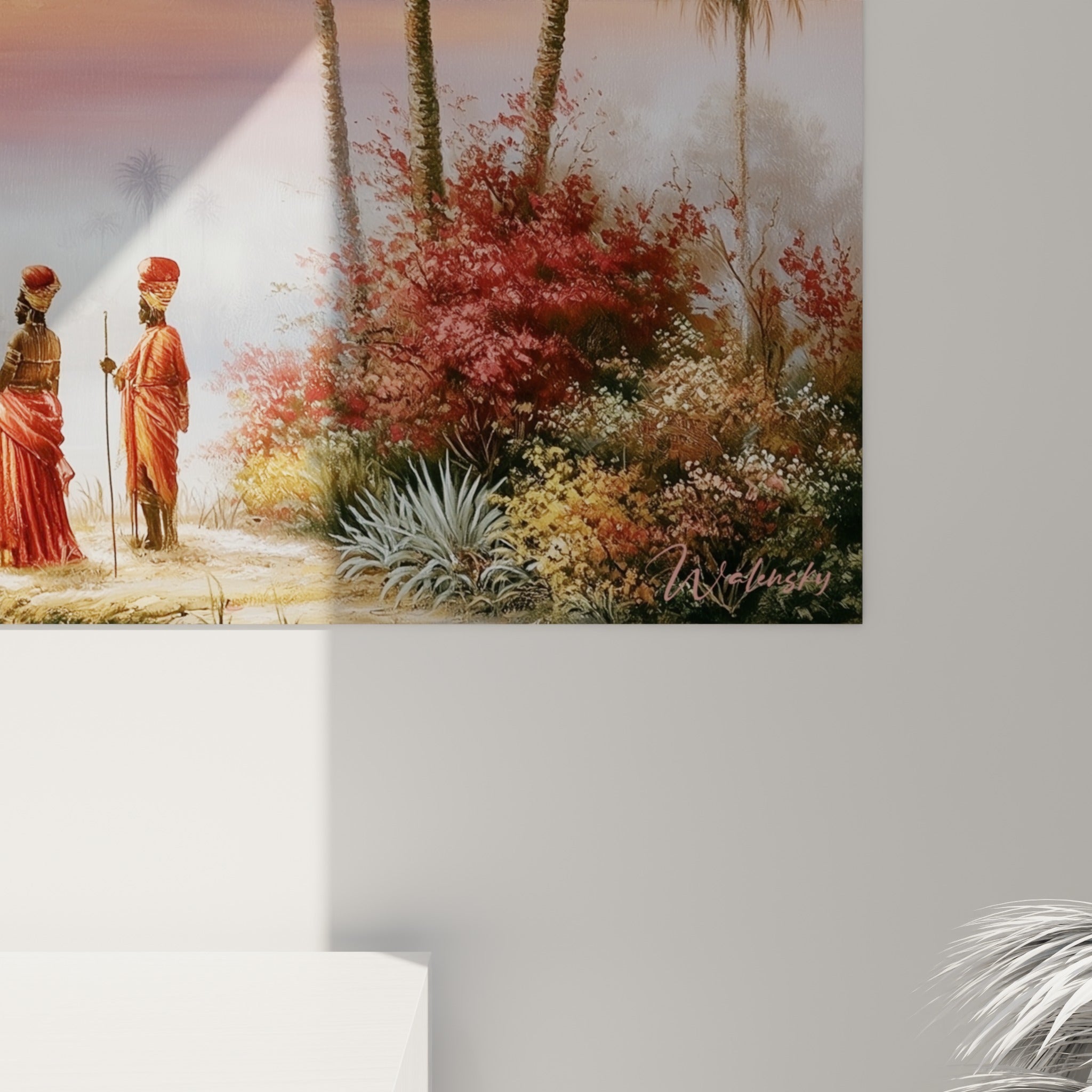 Détail des empâtements dorés et orangés du ciel, où les teintes rose et sable se fondent sur la toile