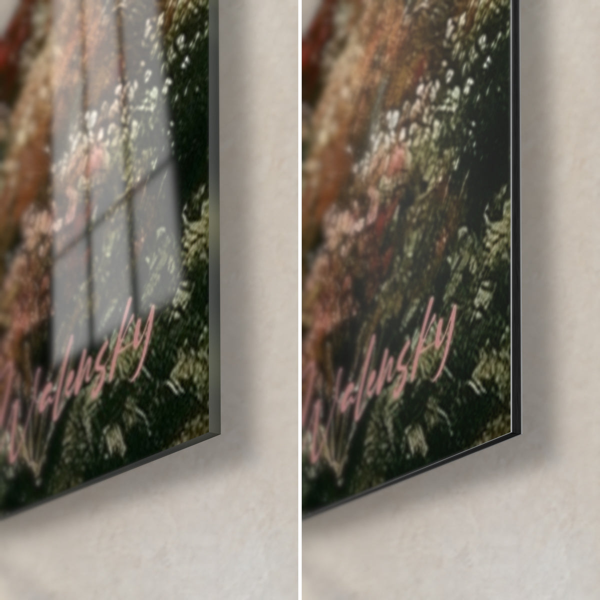 Cuadro vigilia en el Nilo, esquina inferior derecha: follaje verde y flores blancas, cristal acrílico brillante y aluminio Dibond mate, grosor de 3 mm