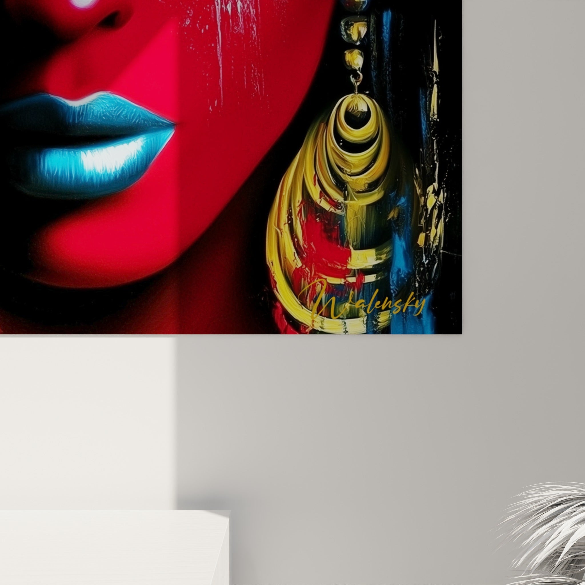 Détail rapproché du tableau égypte, coulures jaunes et empâtements bleu et rouge sur fond noir texturé