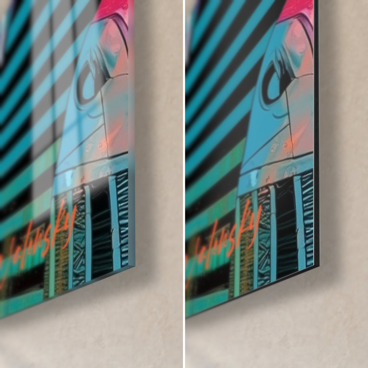 Schilderij farao-hoofden gestreept in zwart en turquoise, rechtsonder hoek: glanzend glas links, mat Dibond rechts, 3 mm dikte