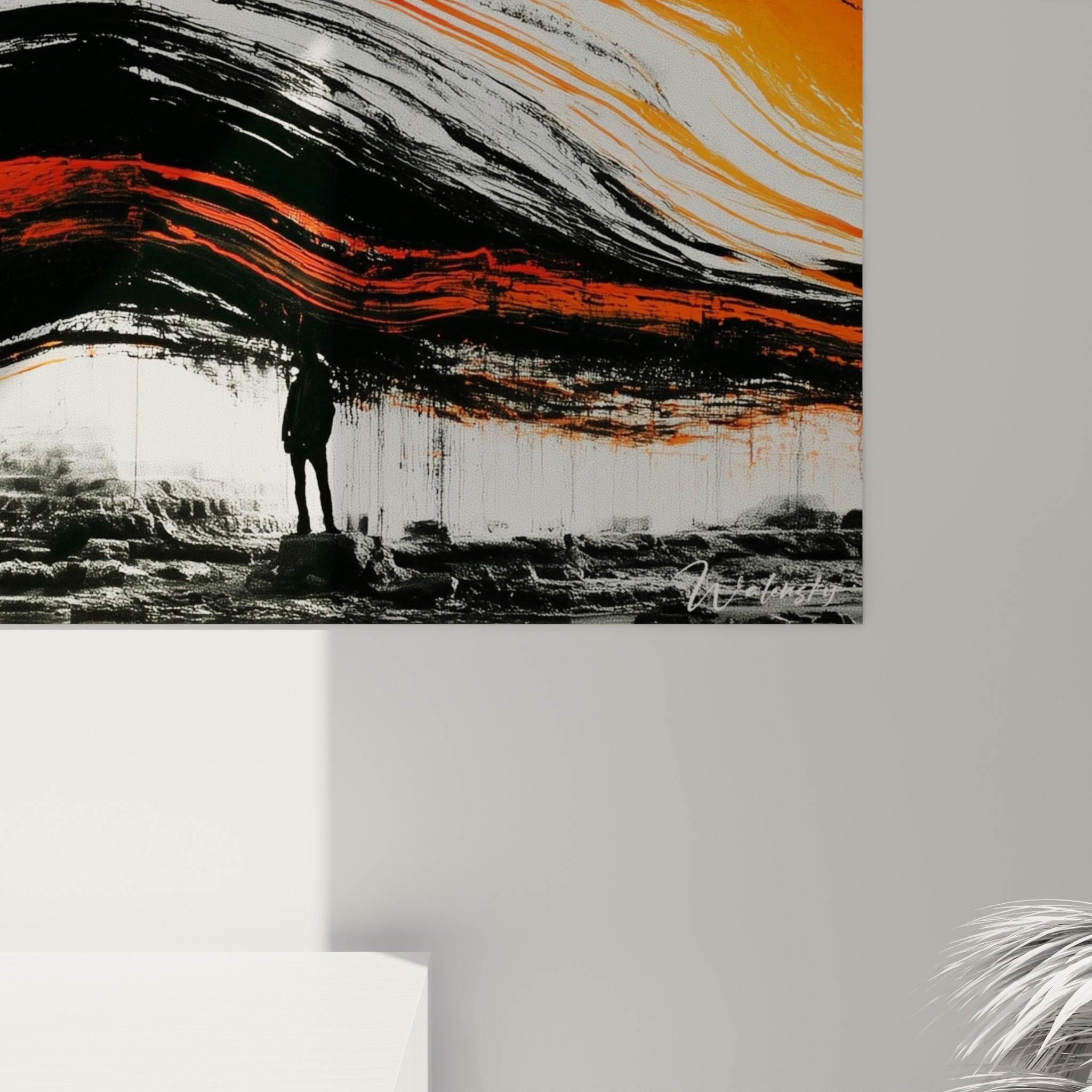 Empâtements noirs et coulures rouge vif visibles en gros plan sur la toile de la pyramide égyptienne
