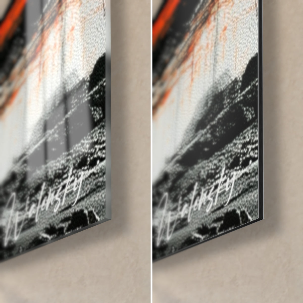 Tableau monument noir et traînées orange, coin bas droit : verre acrylique brillant à gauche, Dibond mat à droite, tranche de 3 mm