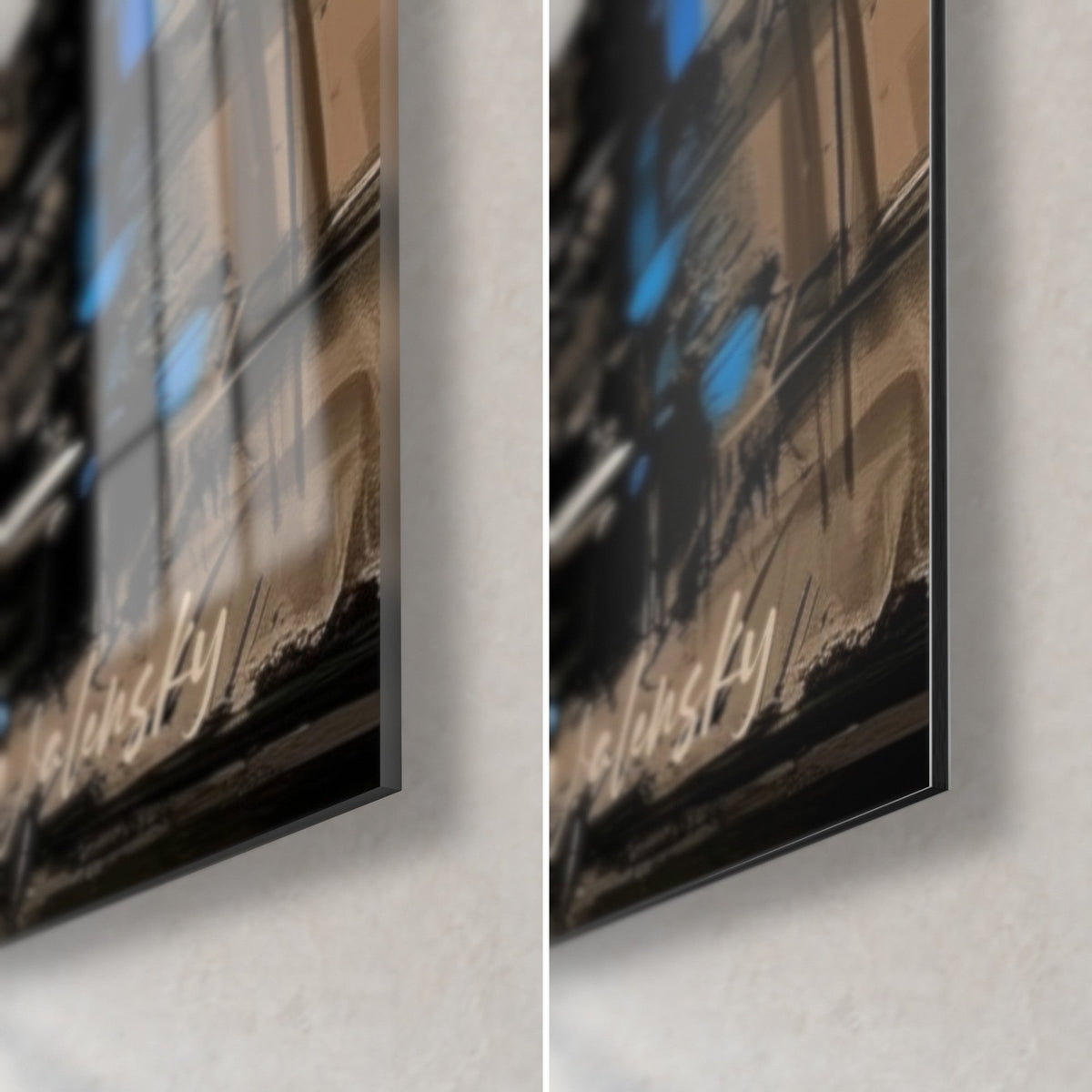 Gemälde ägyptischer Säulen in Ocker und Schwarz, untere rechte Ecke: glänzendes Acrylglas links, matte Dibond-Aluminium rechts, 3 mm Kantenstärke