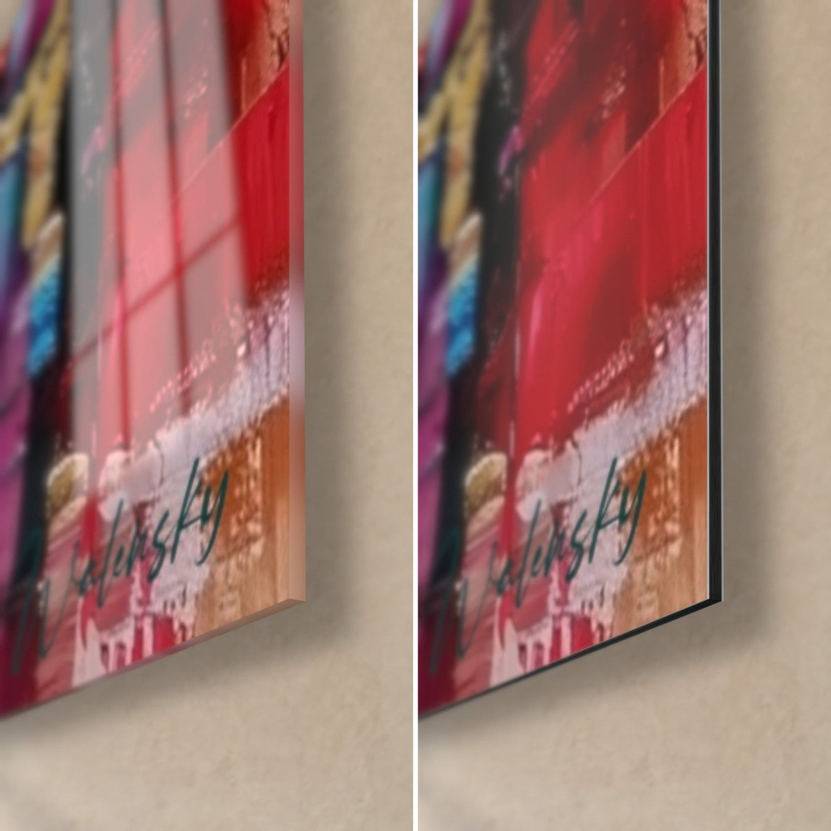 Wall art royal portrait with fuchsia and yellow brushstrokes, bottom right corner: glossy acrylic glass and matte Dibond aluminium