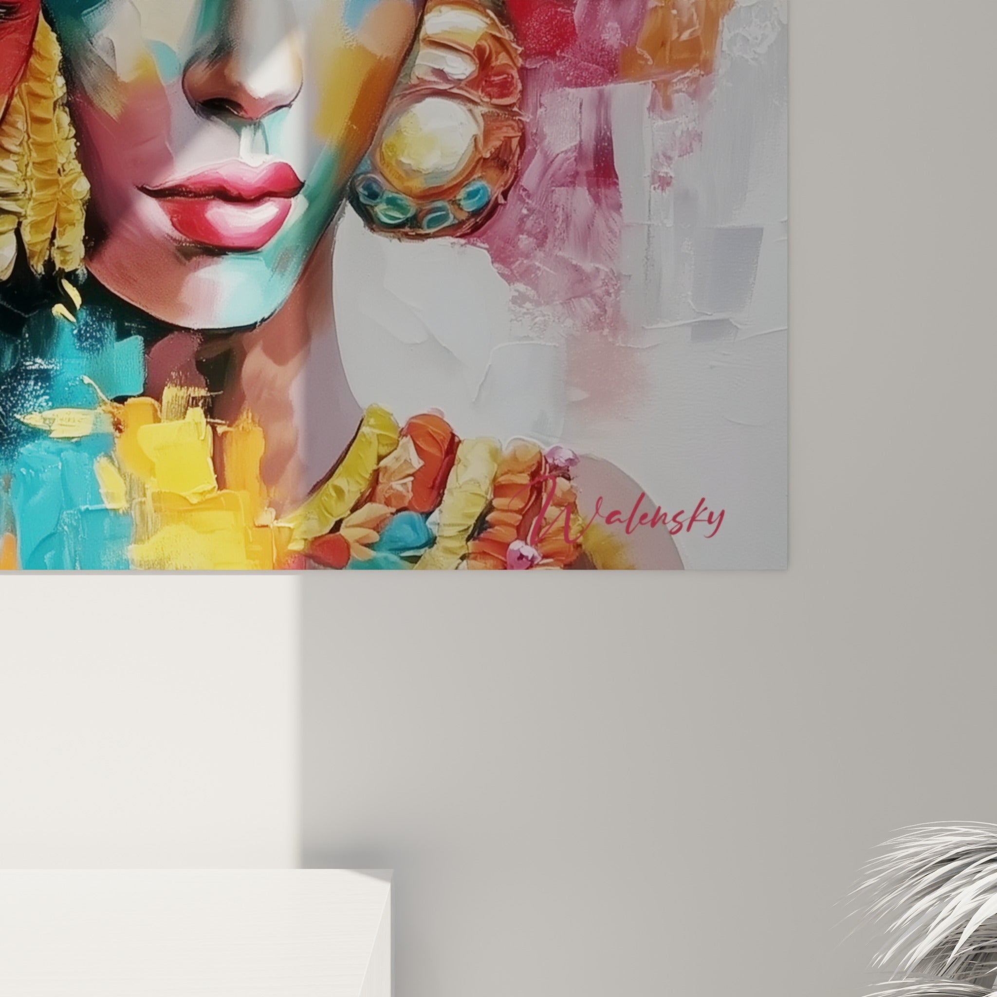 Empâtements épais de peinture dorée et turquoise visibles en gros plan sur la coiffe égyptienne