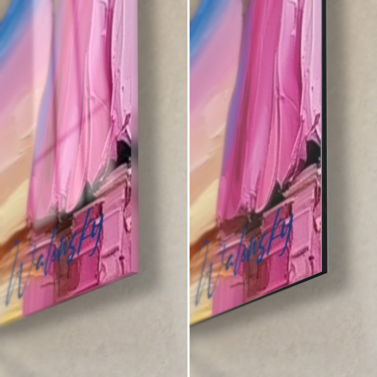 Gemälde Reiter in Kobaltblau auf ockerfarbenem Kamel, untere rechte Ecke aus glänzendem Glas, das das Licht reflektiert, und mattes Dibond, 3 mm Stärke