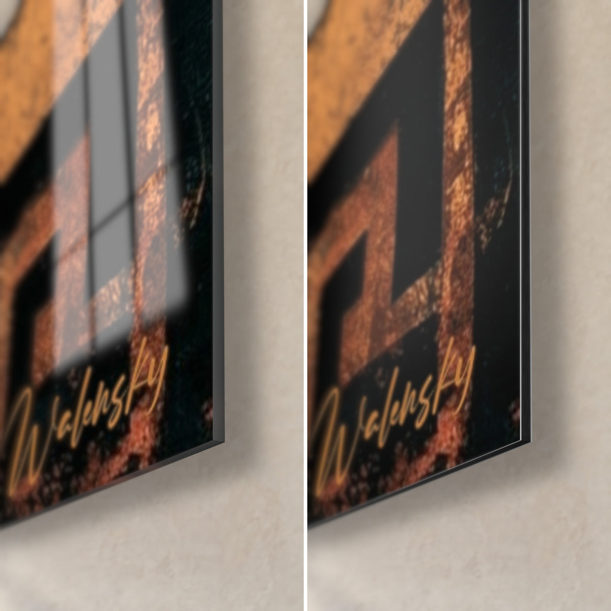 Wall art Eye of Horus in ochre and black, bottom right corner: glossy acrylic glass on the left, matte Dibond on the right, 3 mm edge