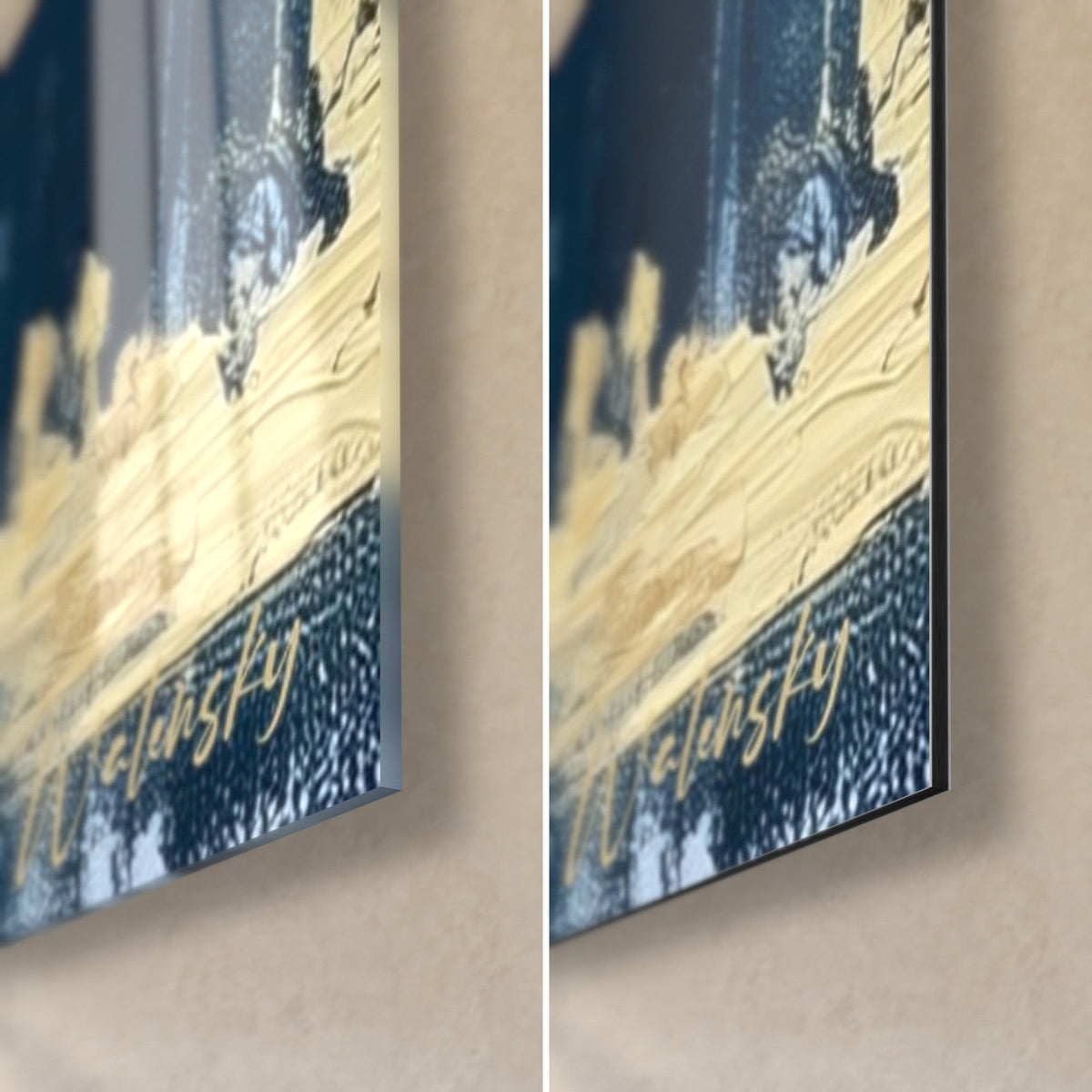 Wall art pharaonic bust in gold impasto and midnight blue, bottom right corner: glossy acrylic glass and matte Dibond