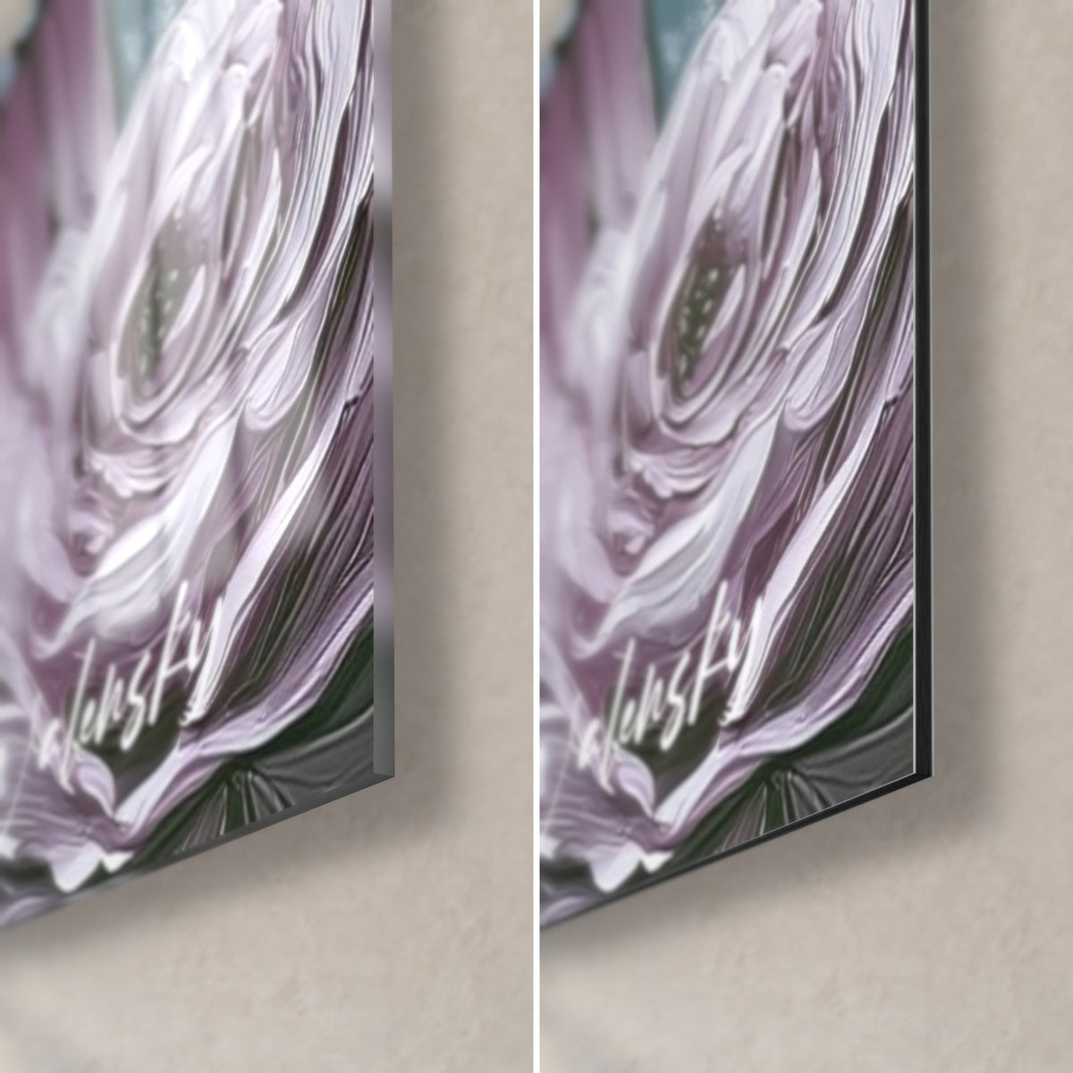 Schilderij Oog van Horus in mauve en blauwe verf, reliëf van rozenblaadjes, rechter onderhoek van glanzend glas en mat Dibond, 3 mm rand