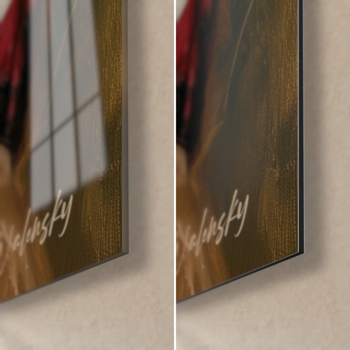 Schilderij Egyptische koningin met gouden hoofdtooi en rode tulband, rechtsonder de hoek: glanzend glas links, mat Dibond en 3 mm rand rechts